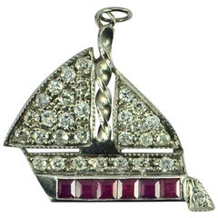 Platinum White Diamond Red Ruby Sailing Yacht Charm Pendant