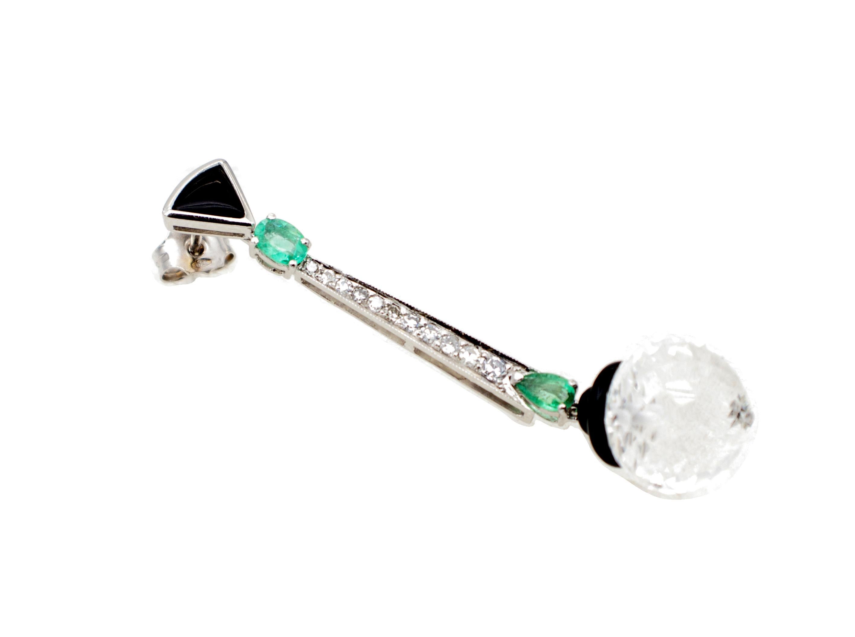 Platinum, White Diamonds, Emeralds, Onyx, Rock Crystal Drop Earrings In Good Condition In Marcianise, Marcianise (CE)