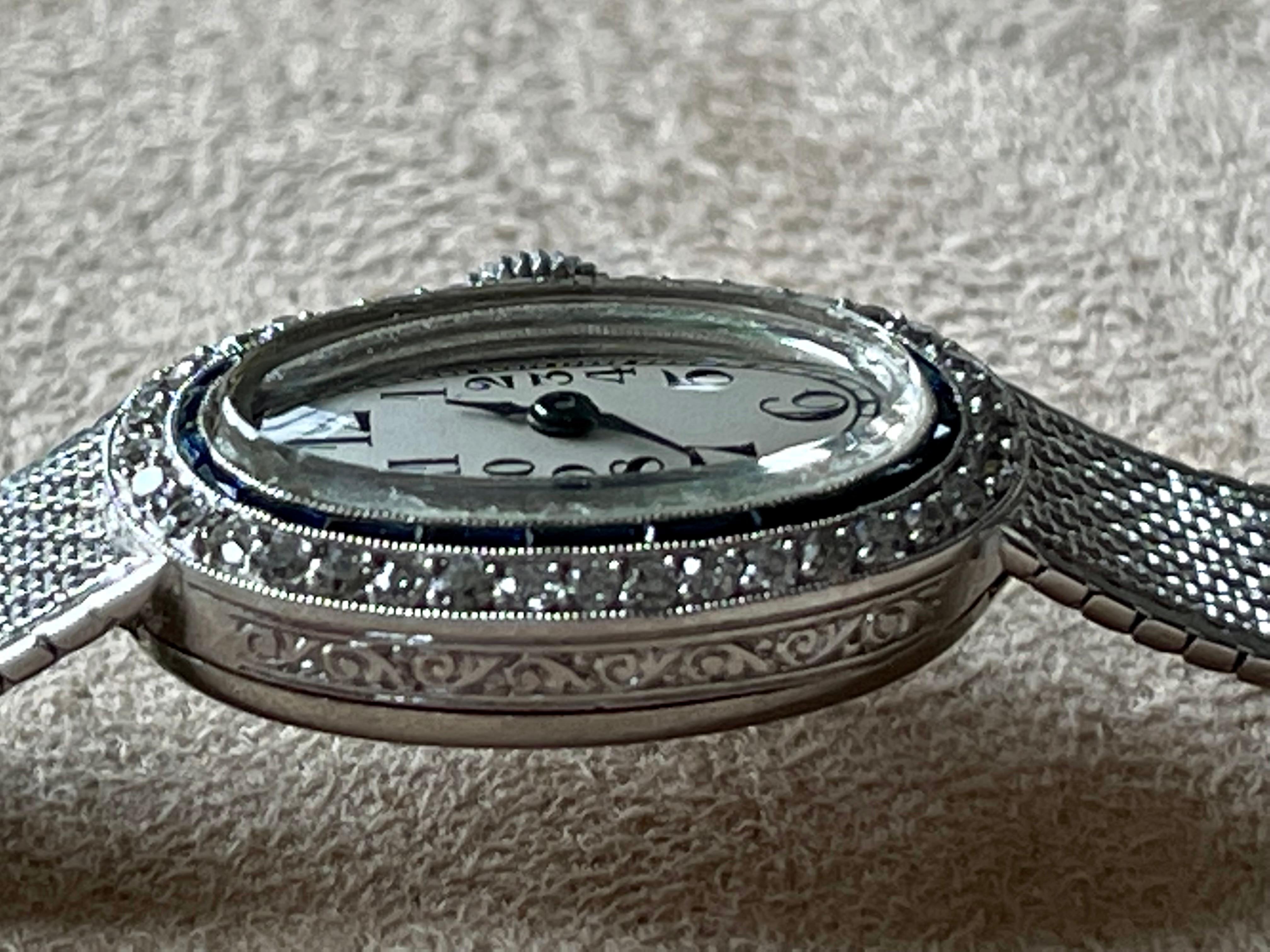 Platinum White Gold Art Deco Diamond Spphire Wrist Watch For Sale 1