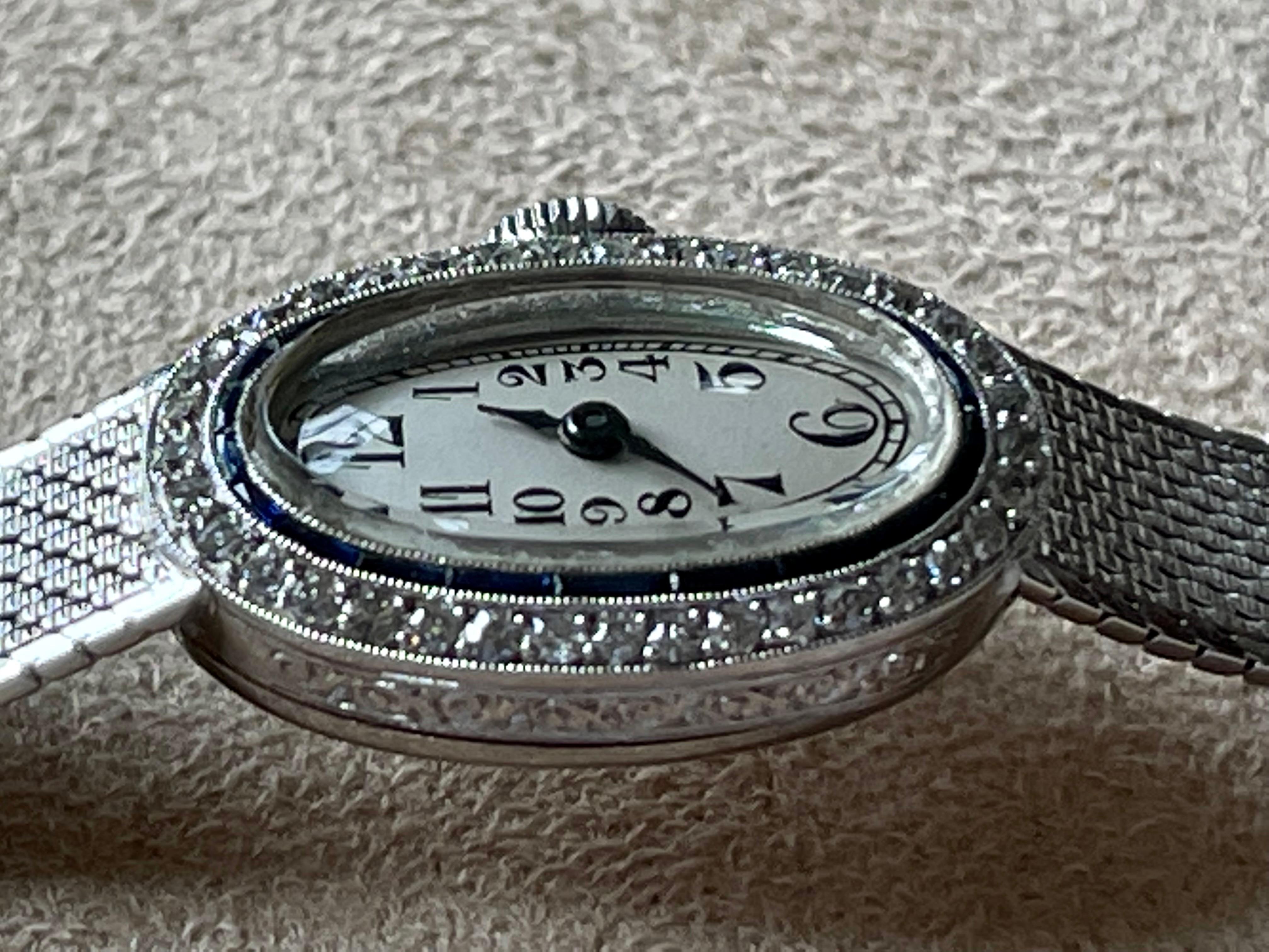 Platinum White Gold Art Deco Diamond Spphire Wrist Watch 2