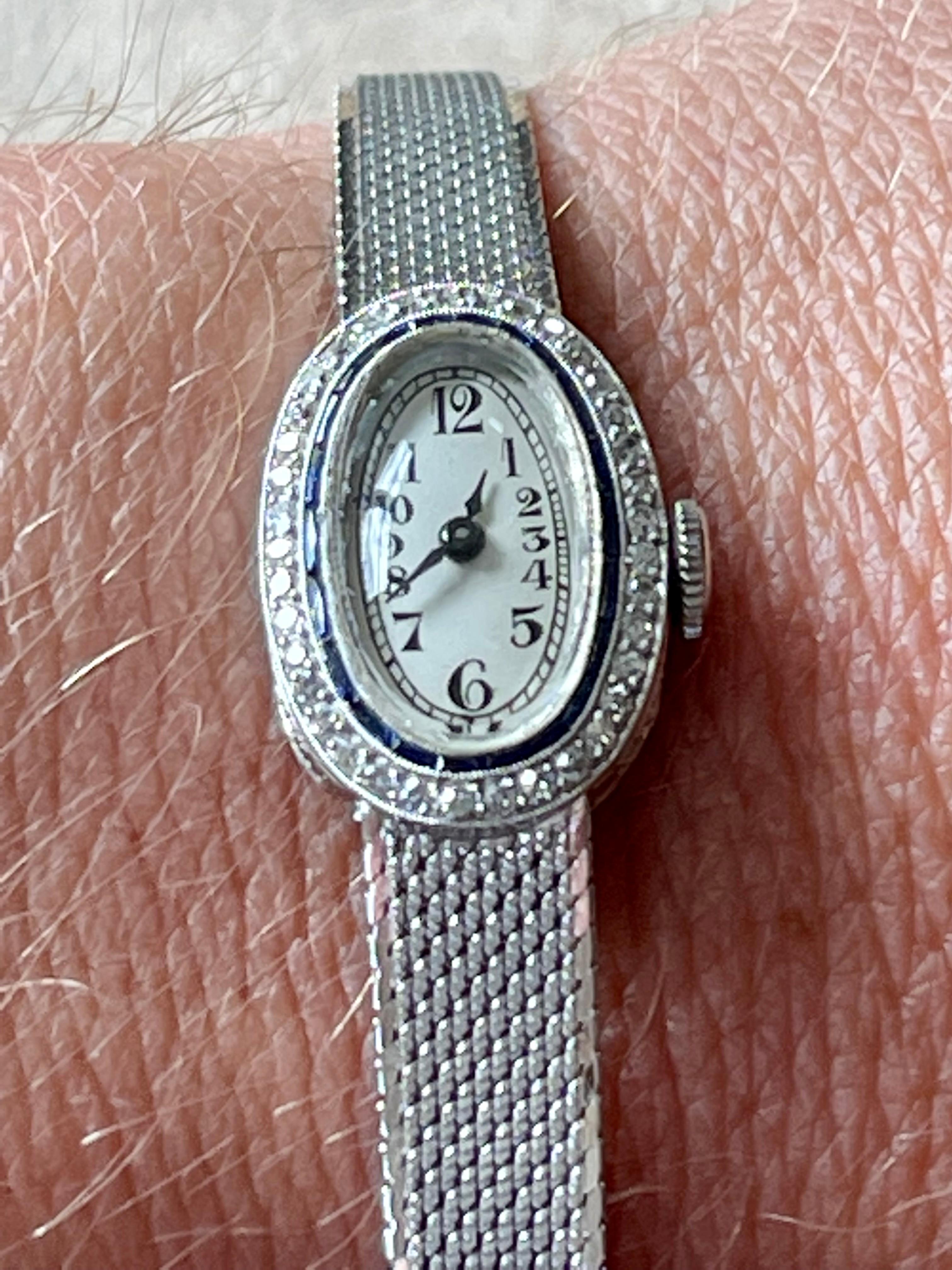 Platinum White Gold Art Deco Diamond Spphire Wrist Watch For Sale 3