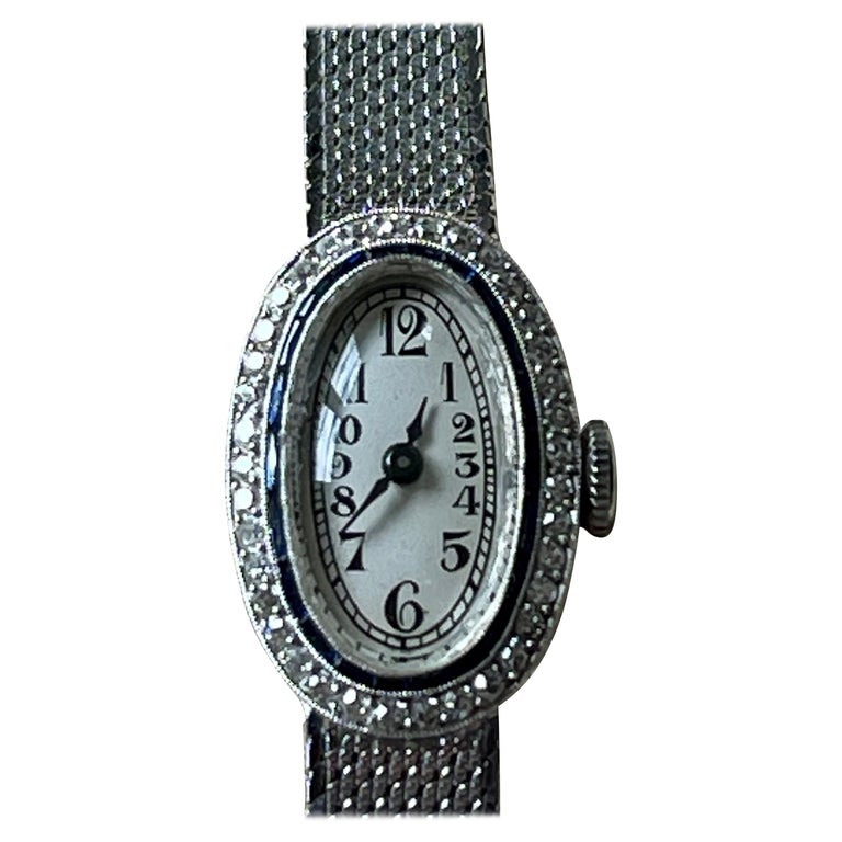 Platinum White Gold Art Deco Diamond Spphire Wrist Watch For Sale at ...