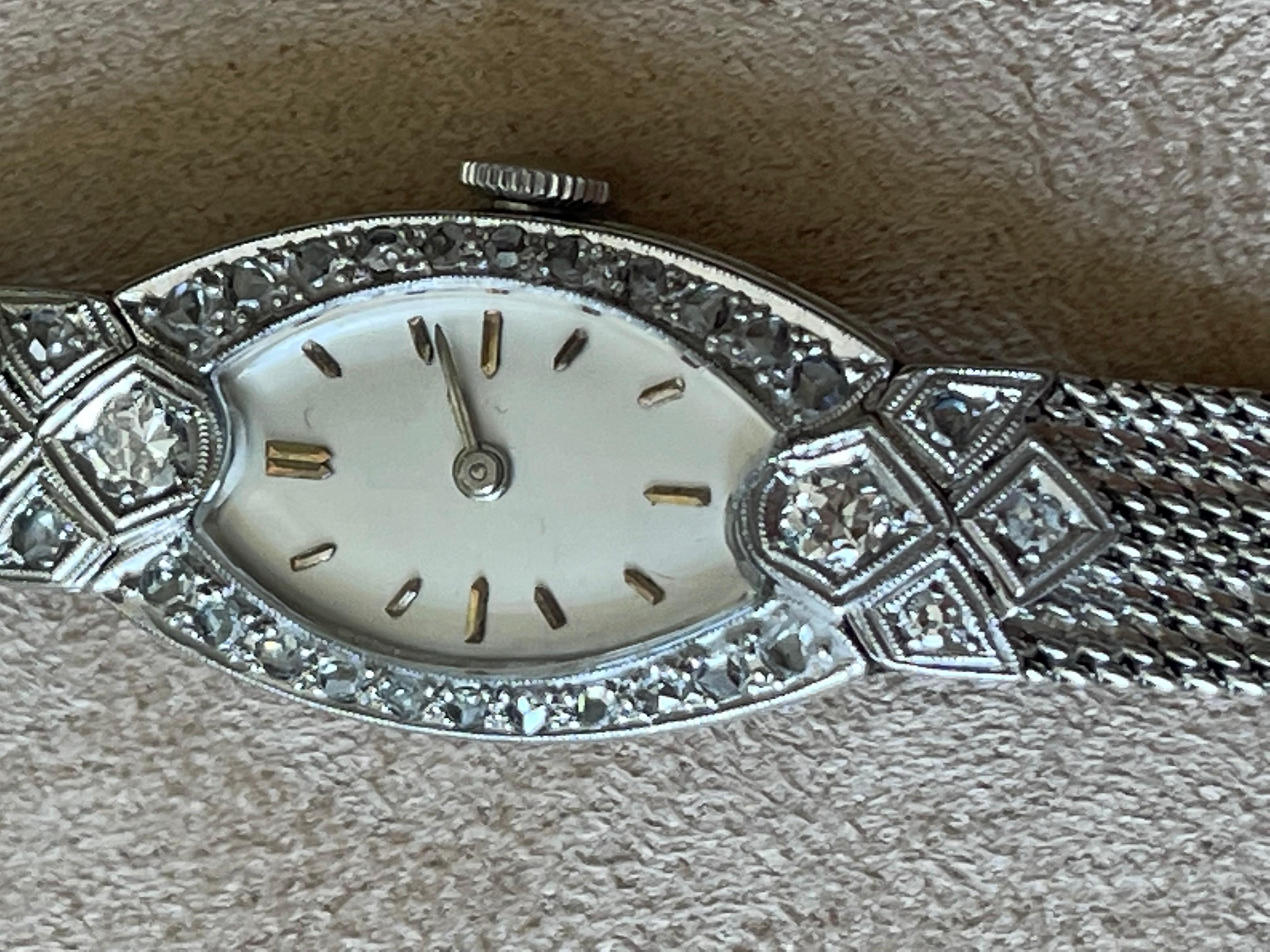 Women's Platinum White Gold Art Deco Diamond Wrist Watch For Sale