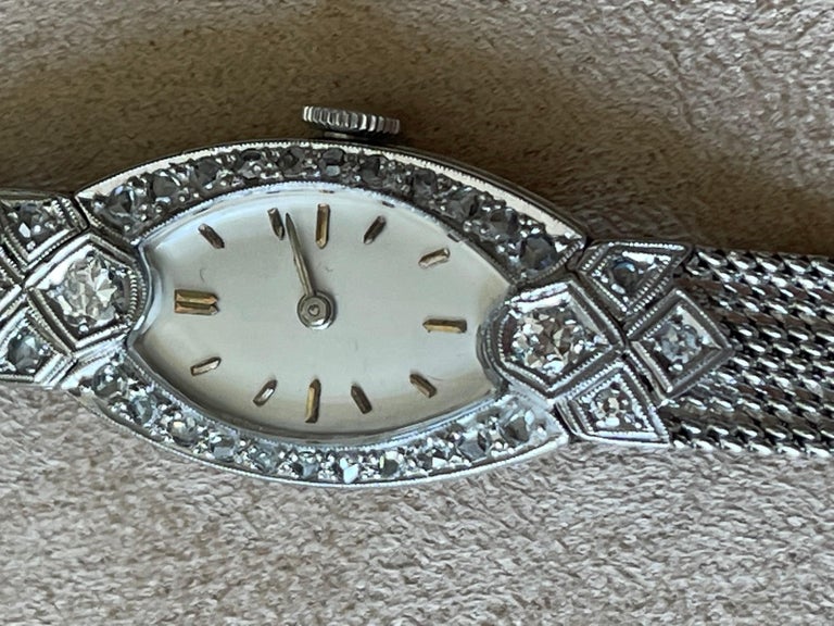 Platinum White Gold Art Deco Diamond Wrist Watch For Sale 2