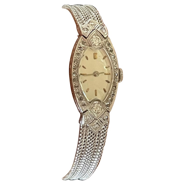 Platinum White Gold Art Deco Diamond Wrist Watch For Sale