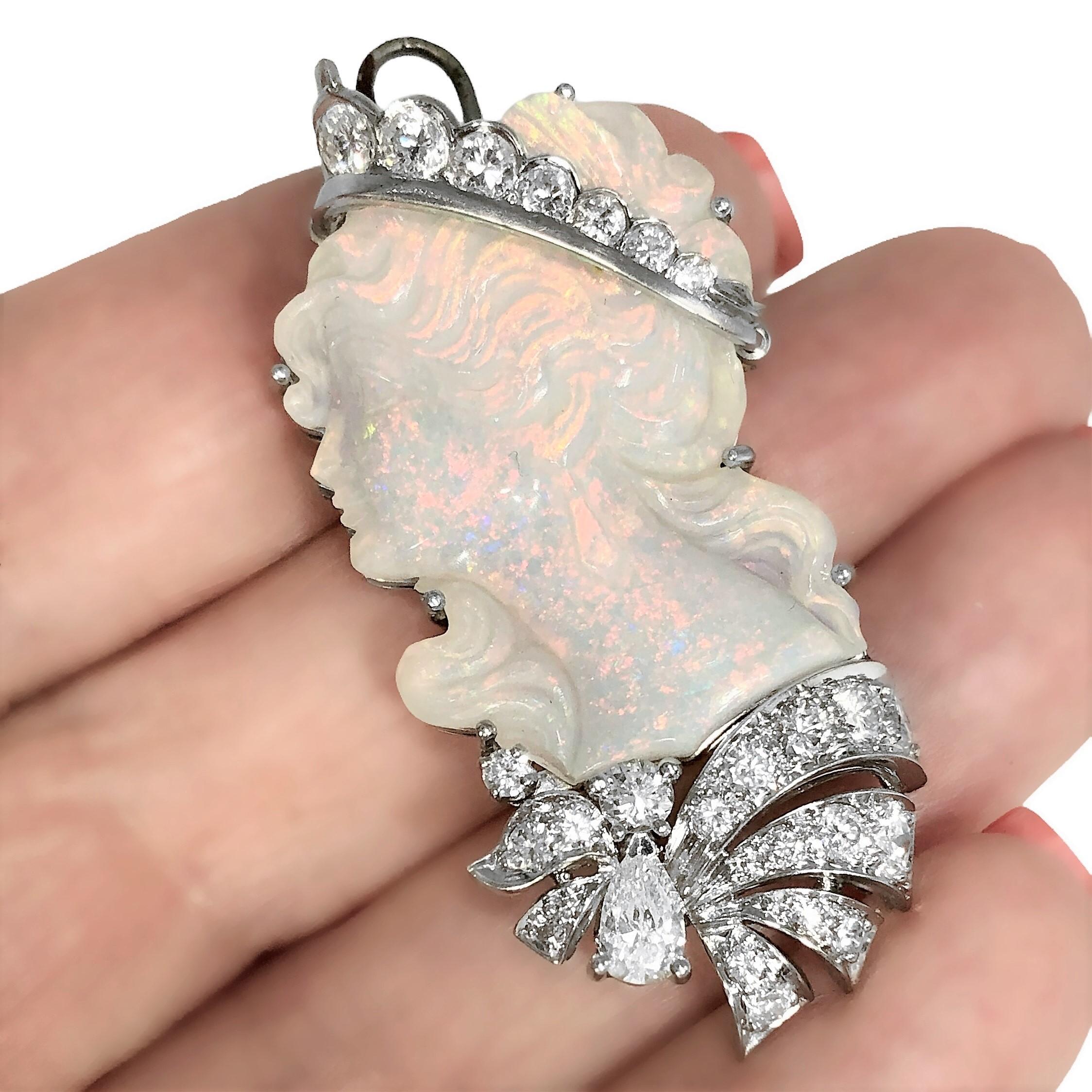 Cabochon Platinum, White Opal, Carved Lady in Silhouette Pendant / Brooch with Diamonds
