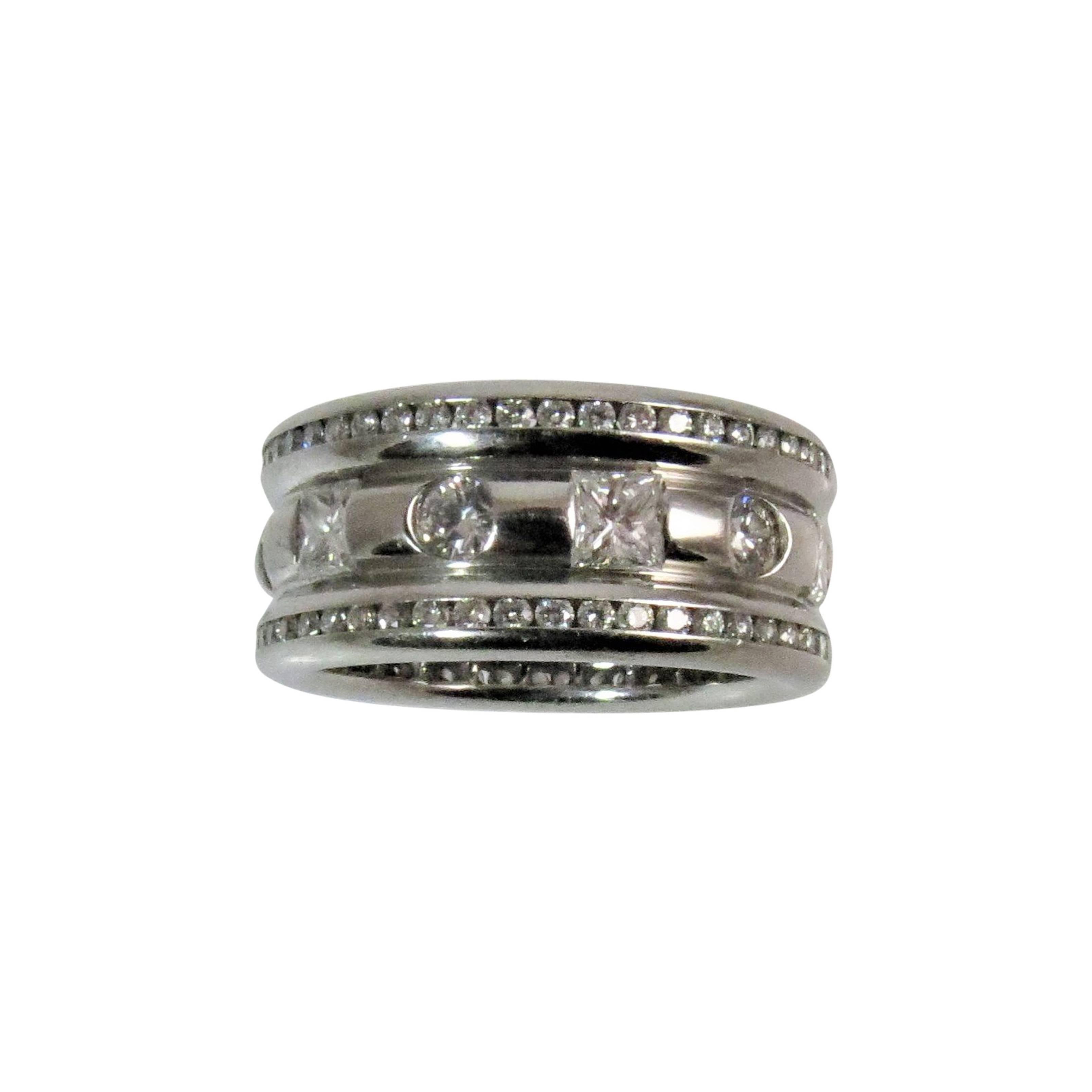 Platinum Whitney Boin Round Diamond and Princess Cut Diamond Band Ring