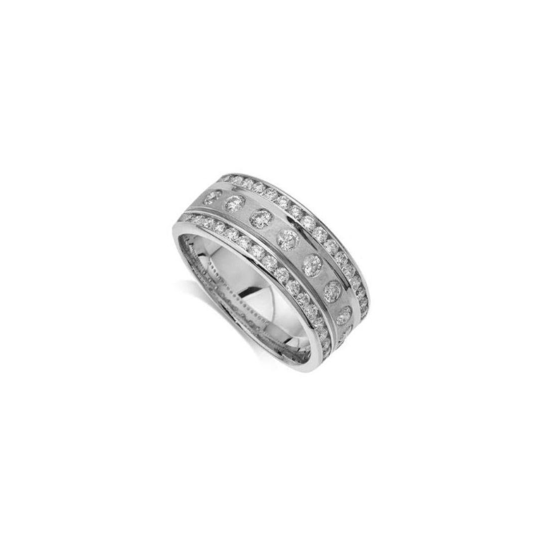 Platinum band with satin finish and diamonds. Flush set diamonds and channel set diamonds go all around this beautiful eternity band. Band contains natural white round brilliant cut diamonds, weighing a combined carat weight of 2.00 ctw, G-H color,