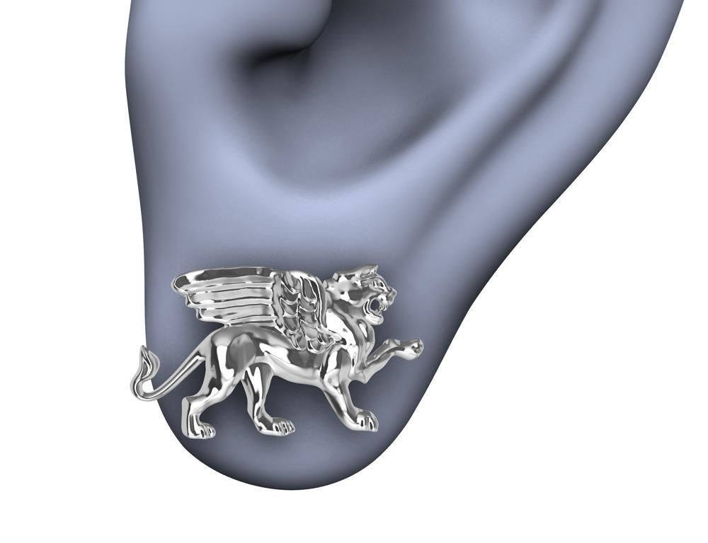 Women's Platinum Winged Lion Griffin Stud Earrings For Sale