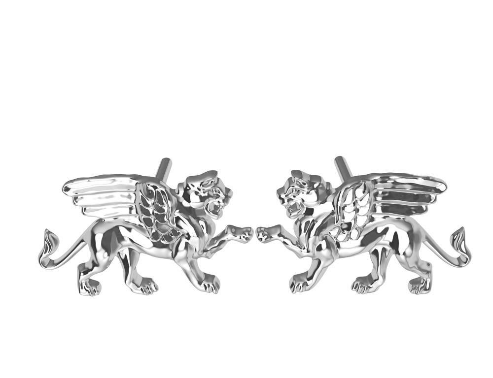Platinum Winged Lion Griffin Stud Earrings In New Condition For Sale In New York, NY