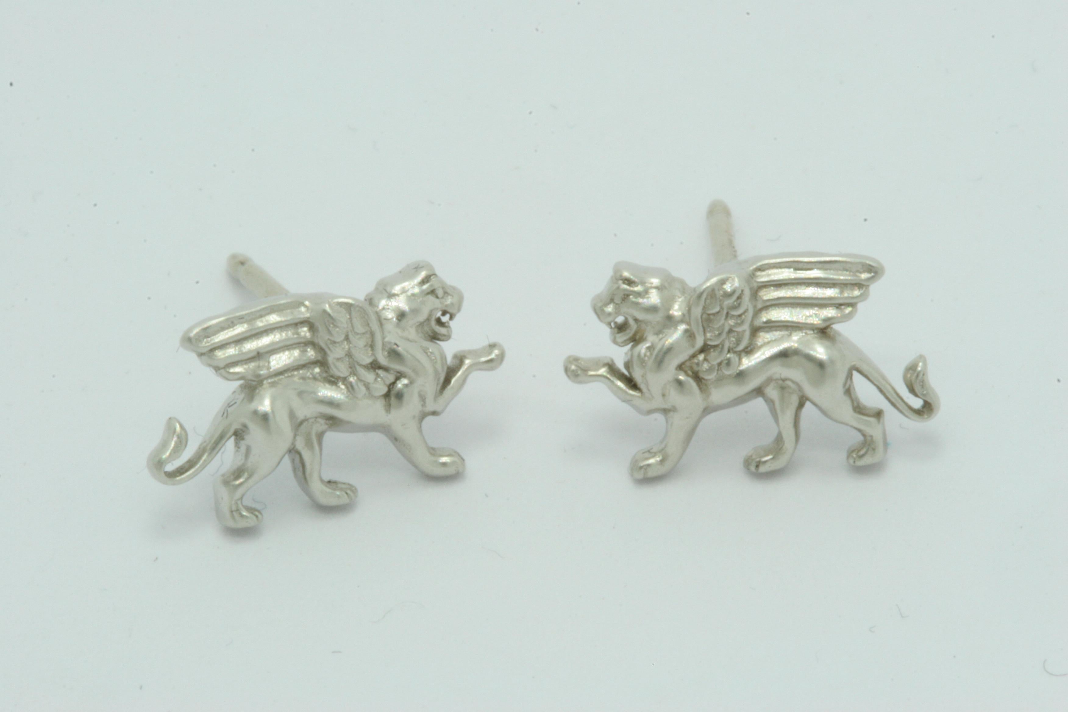 Platinum Winged Lion  Griffin Stud Earrings Tiffany designer , Thomas Kurilla created this for 1st dibs exclusively. Sculpture is my passion. The first beast in the book of Daniel  was a winged lion. And this creature  has also symbolized Saint Mark