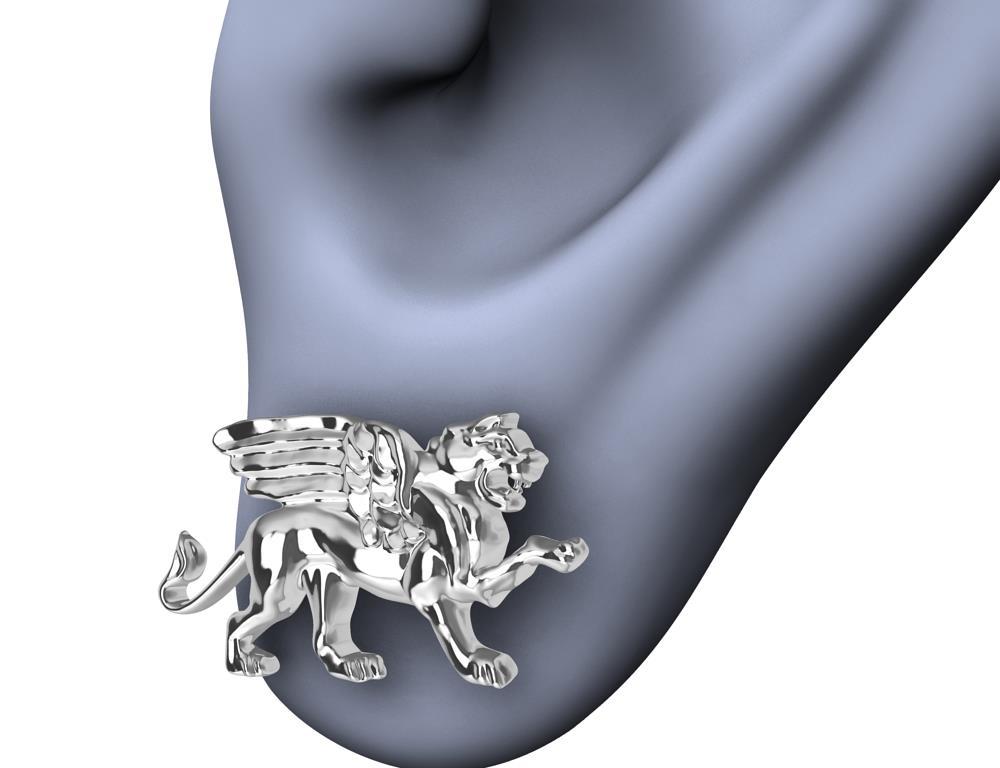 Platinum Winged Lion Griffin Stud Earrings For Sale 4