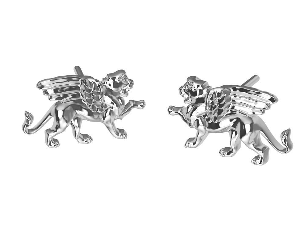 Platinum Winged Lion Griffin Stud Earrings For Sale 5