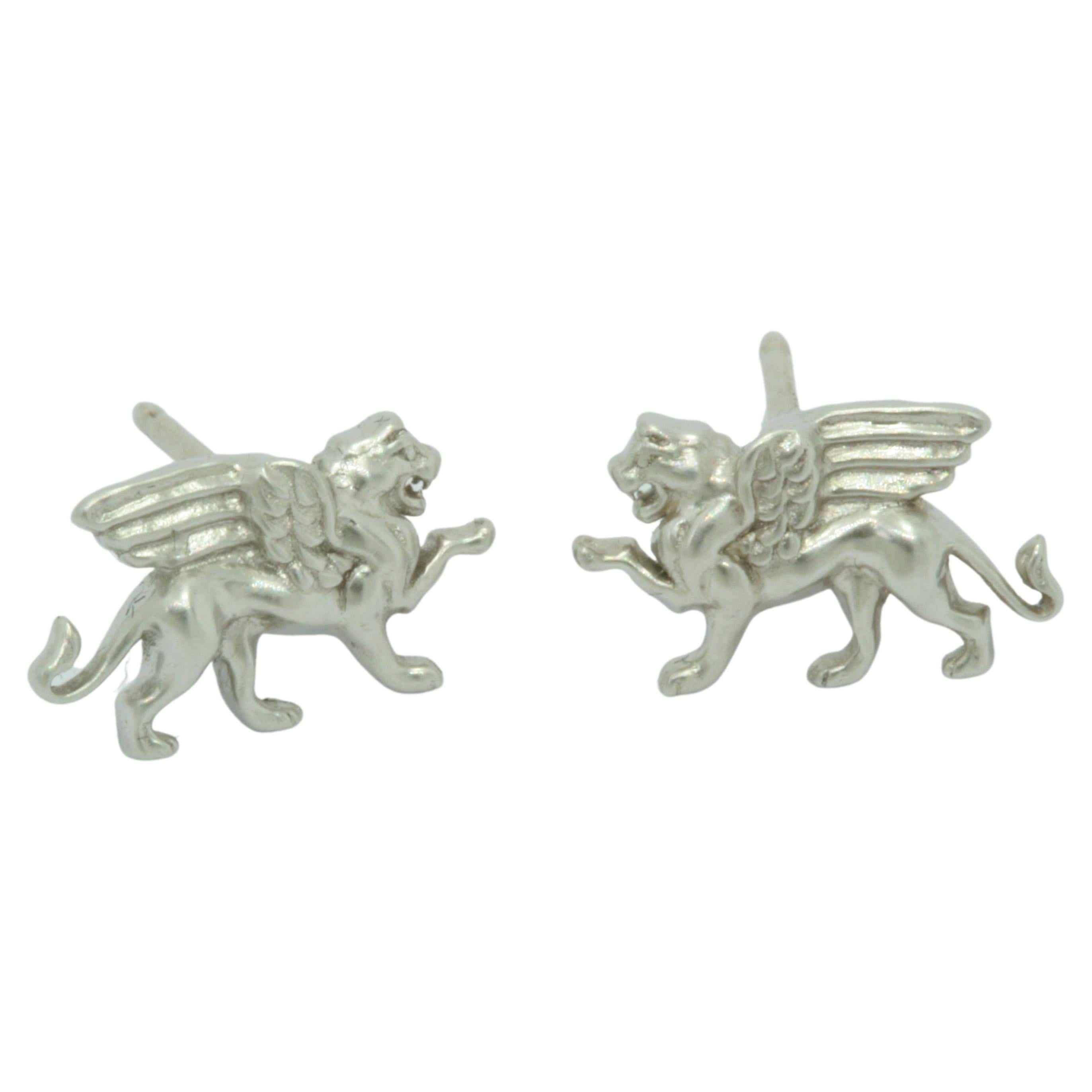 Platinum Winged Lion Griffin Stud Earrings For Sale