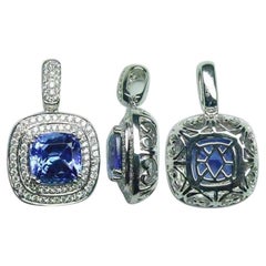 Platinum with Blue Tanzanite and Diamonds Pendant for Necklace Without a Chain