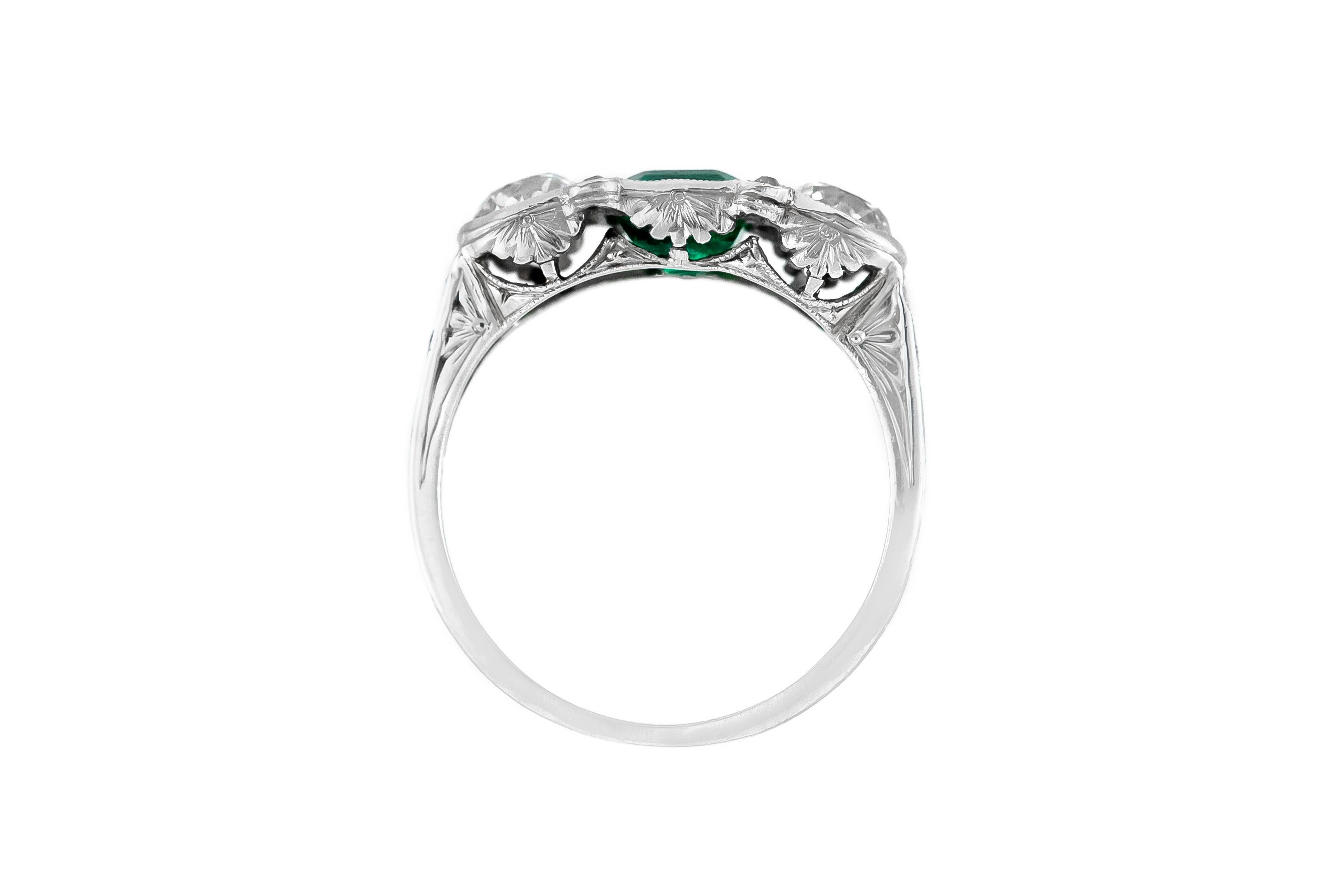 The ring is finely craftedin platinum with center emerald weighing approximately total of 0.80 and diamonds weighing approximately total of 1.20 carat.
Circa 1920.