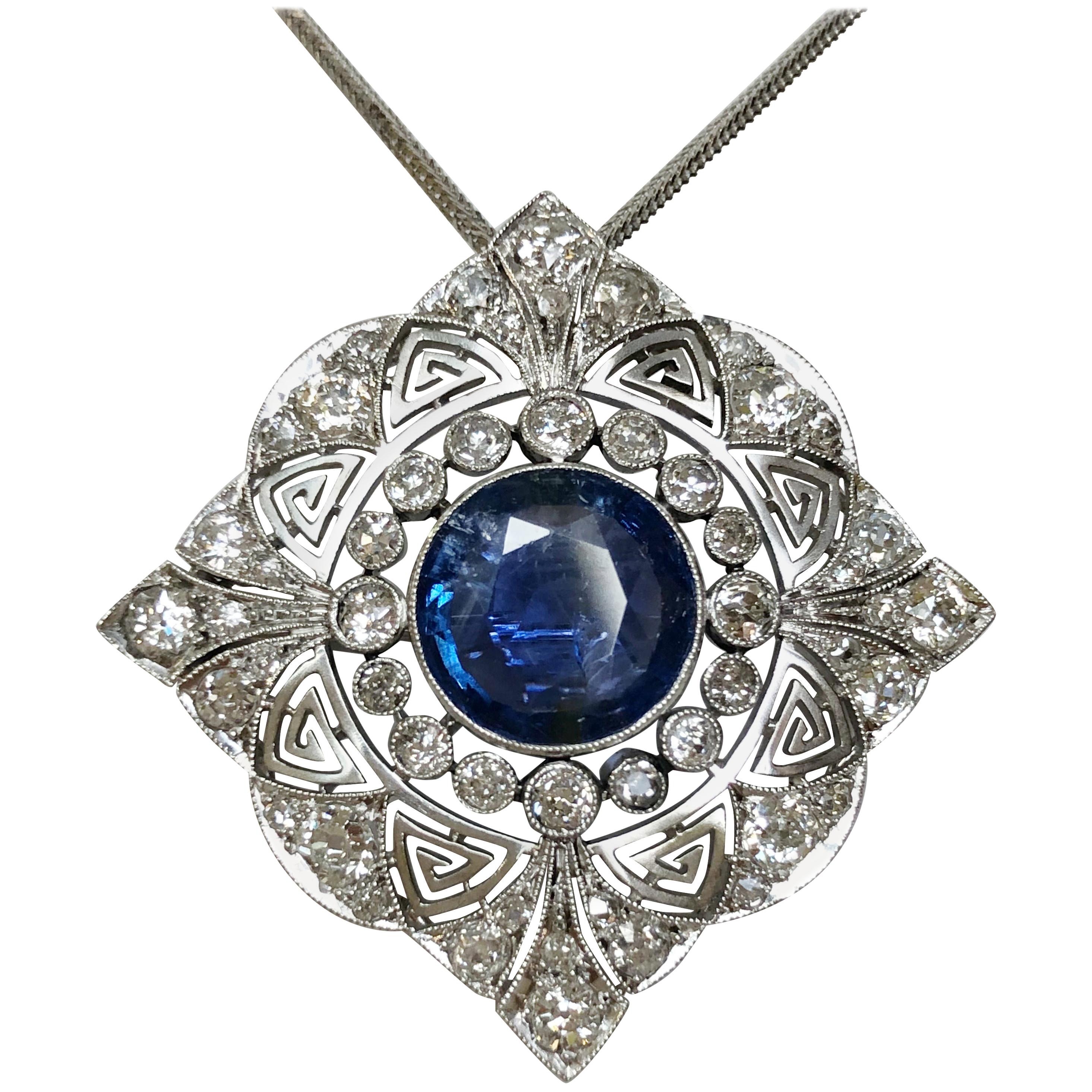 Platinum with Diamond and Sapphire Necklace For Sale