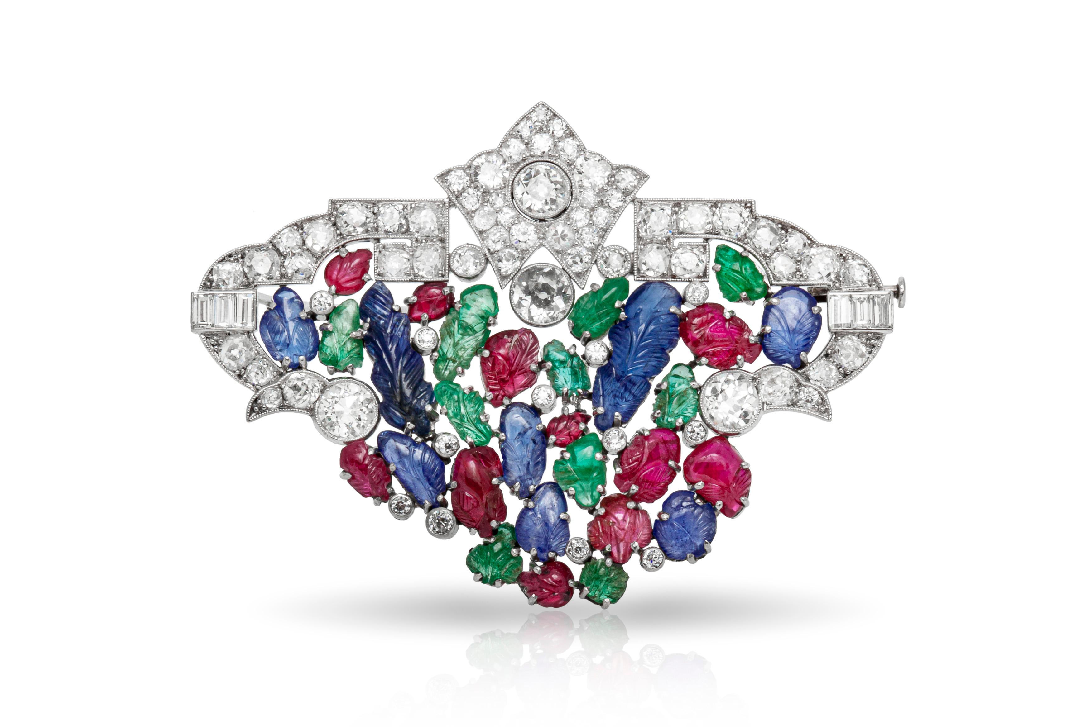 Platinum with Diamonds and Carved Sapphire Emerald and Ruby Brooch In Good Condition In New York, NY