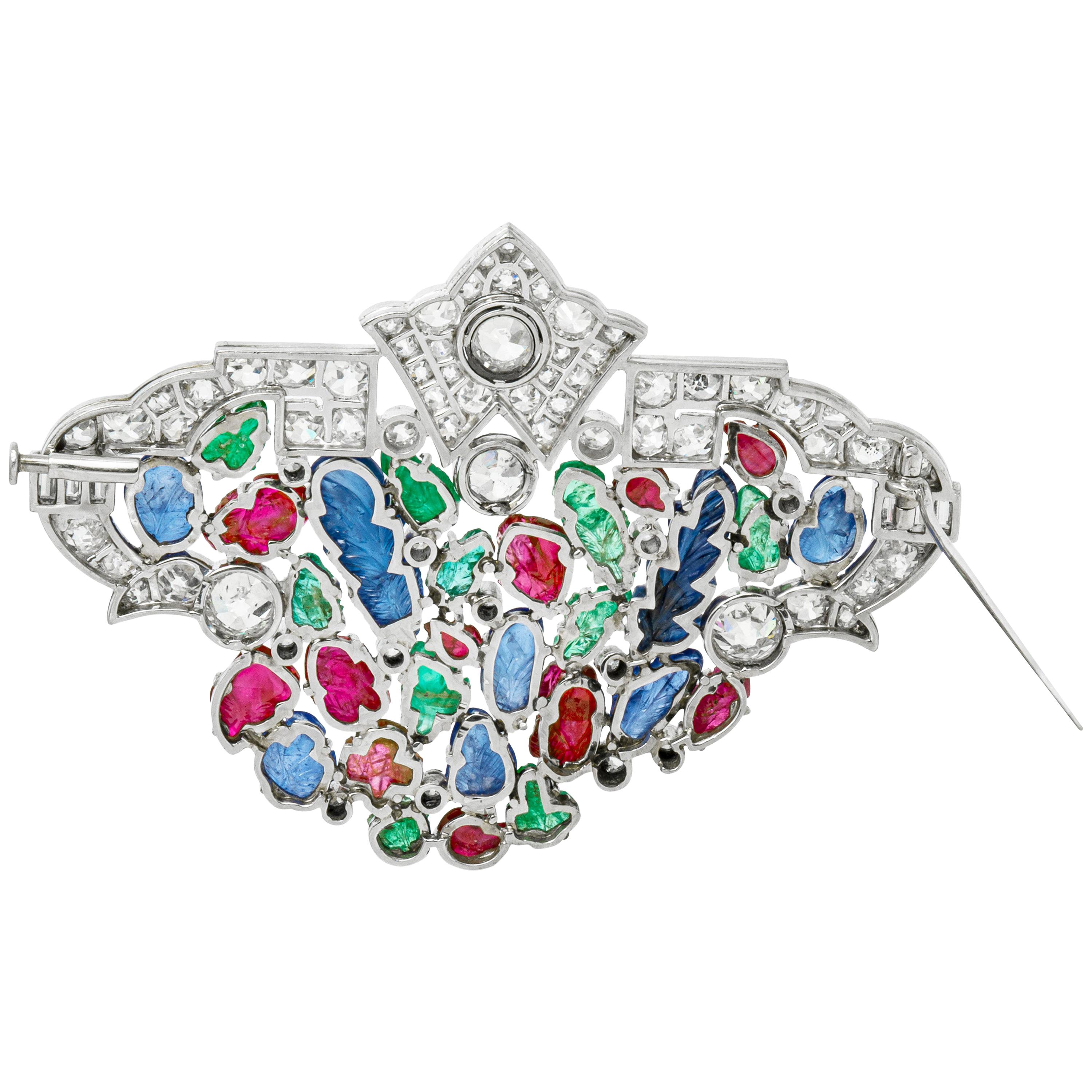 Platinum with Diamonds and Carved Sapphire Emerald and Ruby Brooch
