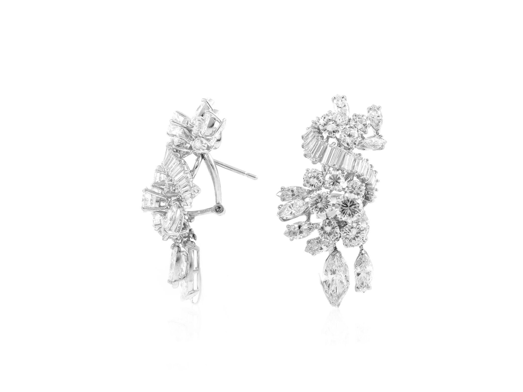 Boucles d'oreilles en platine avec diamants Gia Marquise et ronds et baguettes Excellent état - En vente à New York, NY