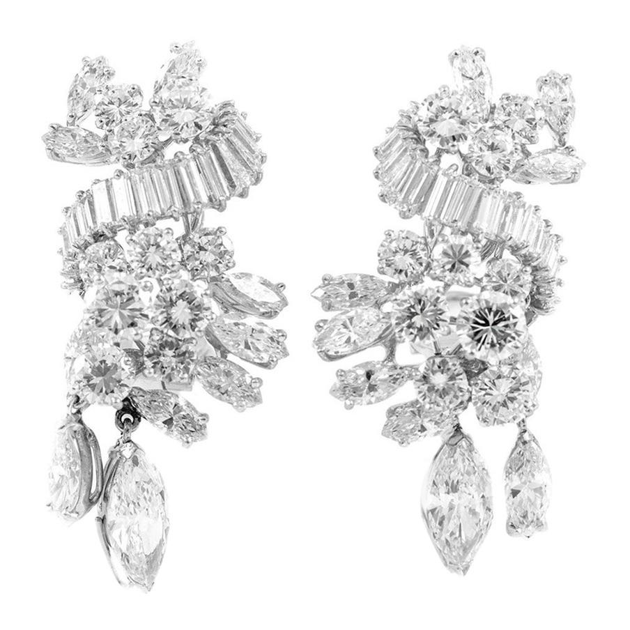 Boucles d'oreilles en platine avec diamants Gia Marquise et ronds et baguettes en vente