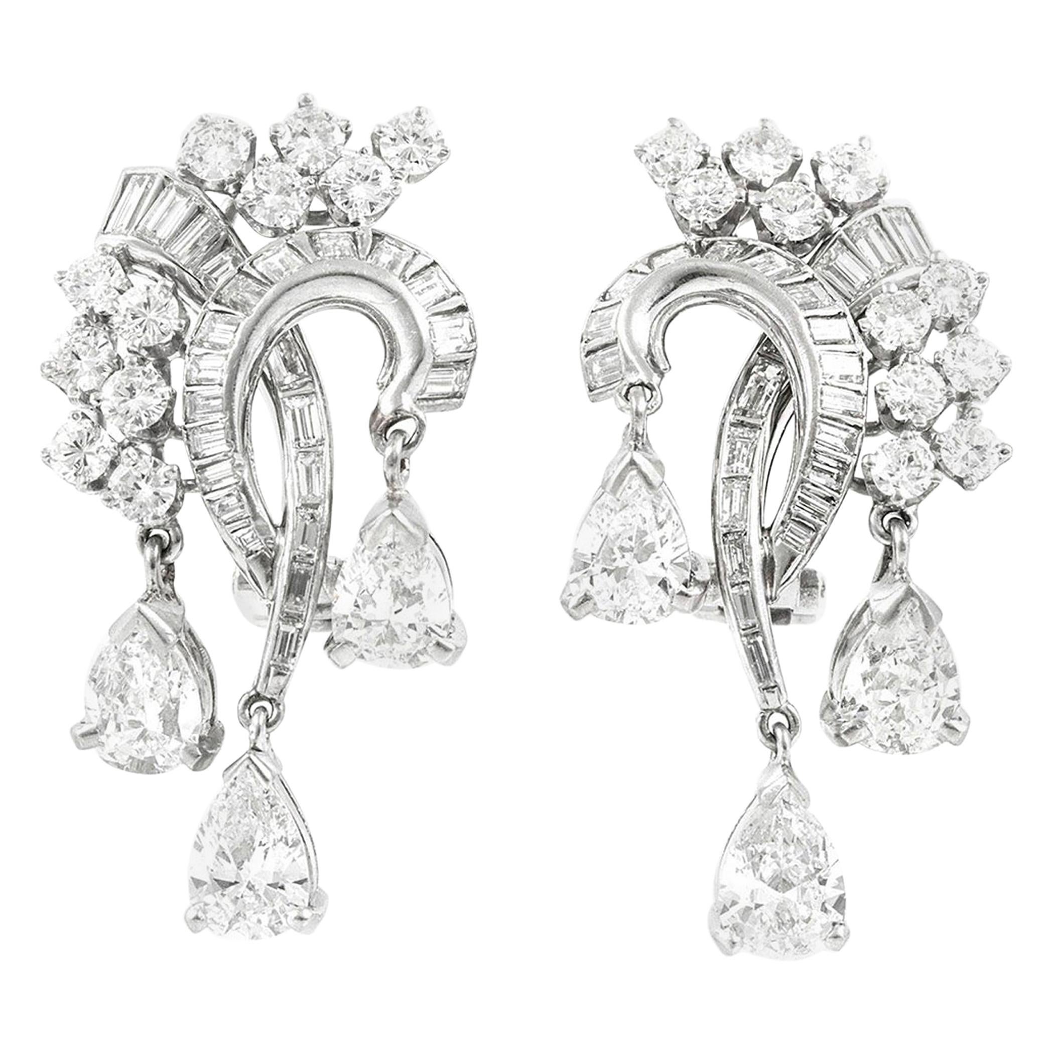 Platinum with Three Drop Pear Shape and Diamonds Earrings For Sale