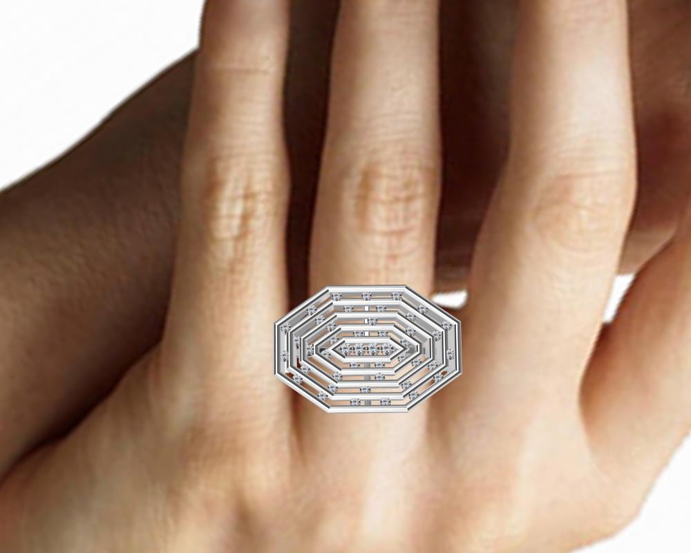 For Sale:  Platinum Mens Diamonds Octagonal Sculpture Ring 7