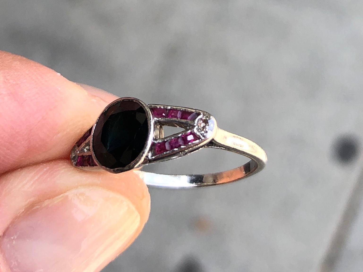 Art Deco Platinum Womans Ring with Dark Sapphire, Rubies and Diamonds