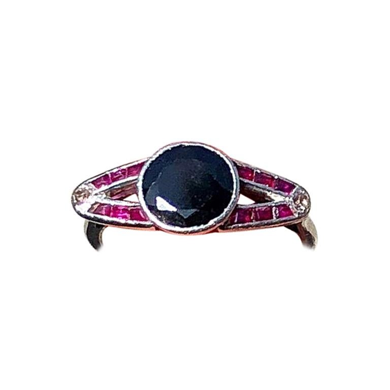 Platinum Womans Ring with Dark Sapphire, Rubies and Diamonds