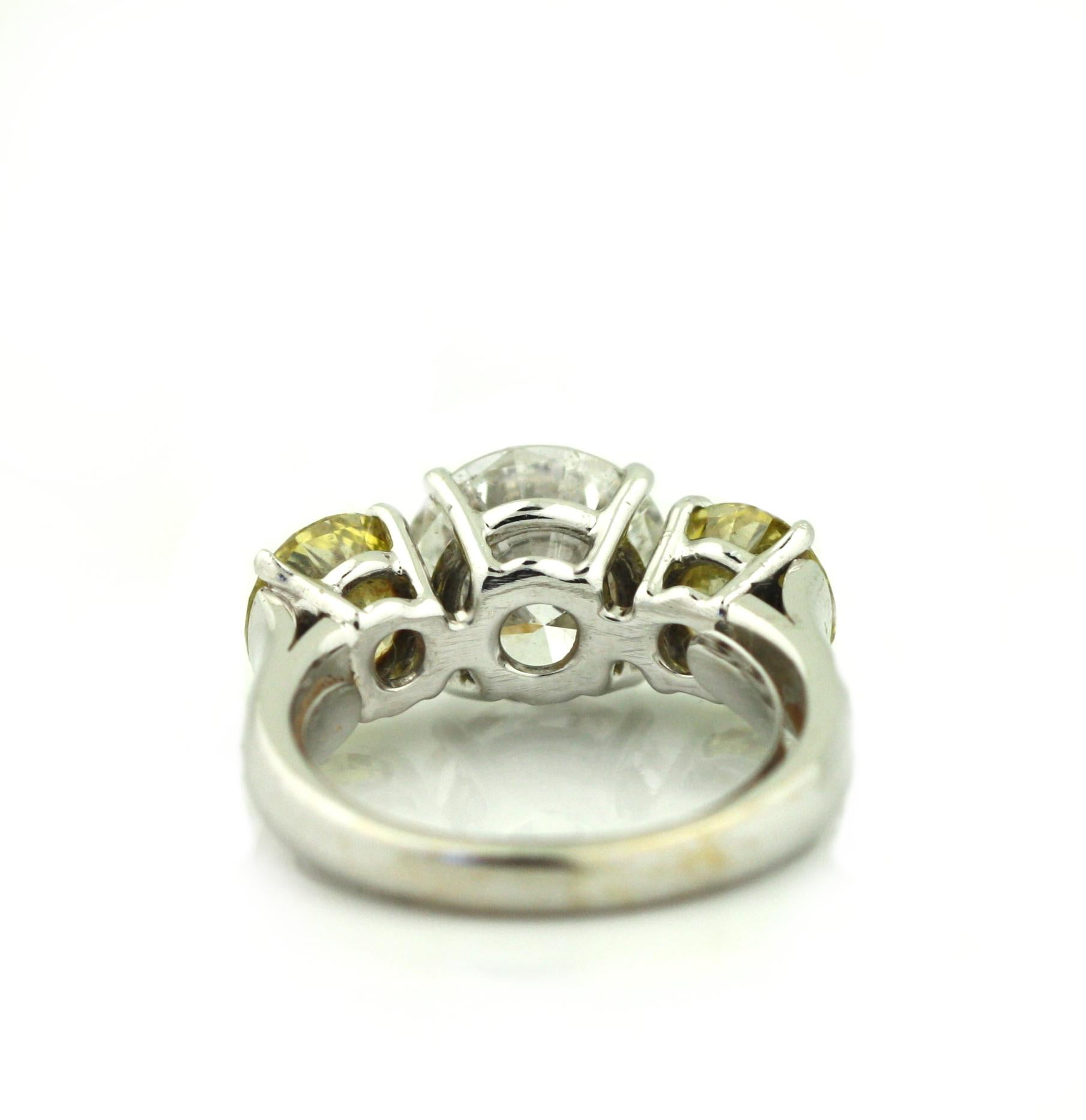 Women's or Men's Platinum, Yellow Diamond and Diamond Three Stone Engagement Ring For Sale