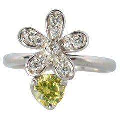 Platinum Yellow Diamond Flower ring. Pt900 Canary Diamond Dangle cluster band.