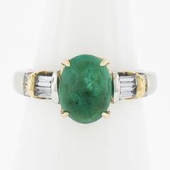 Platinum & Yellow Gold 3.79ct Oval Cabochon Emerald and Channel Set Diamond Ring