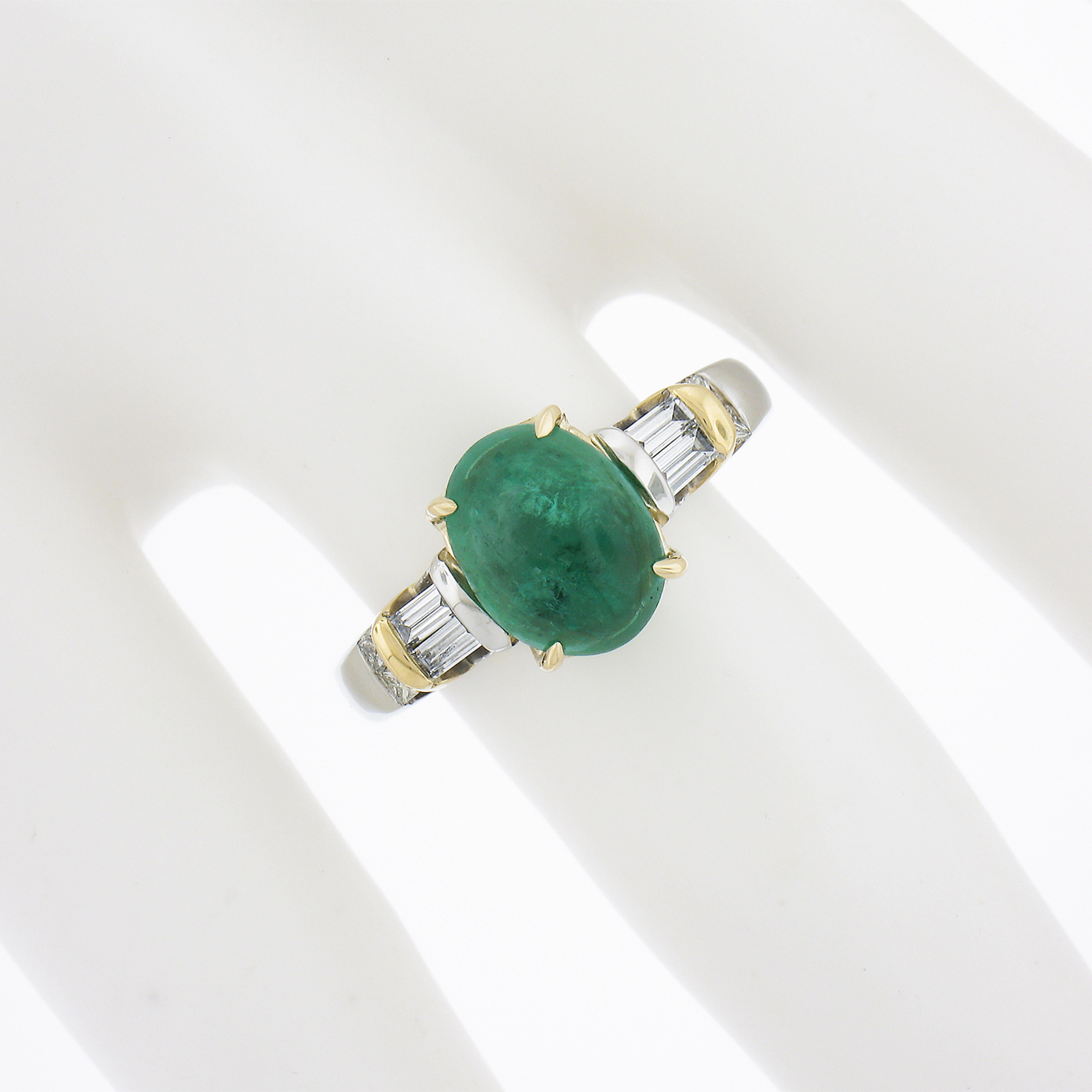 Platinum & Yellow Gold 3.79ct Oval Cabochon Emerald and Channel Set Diamond Ring In Excellent Condition For Sale In Montclair, NJ