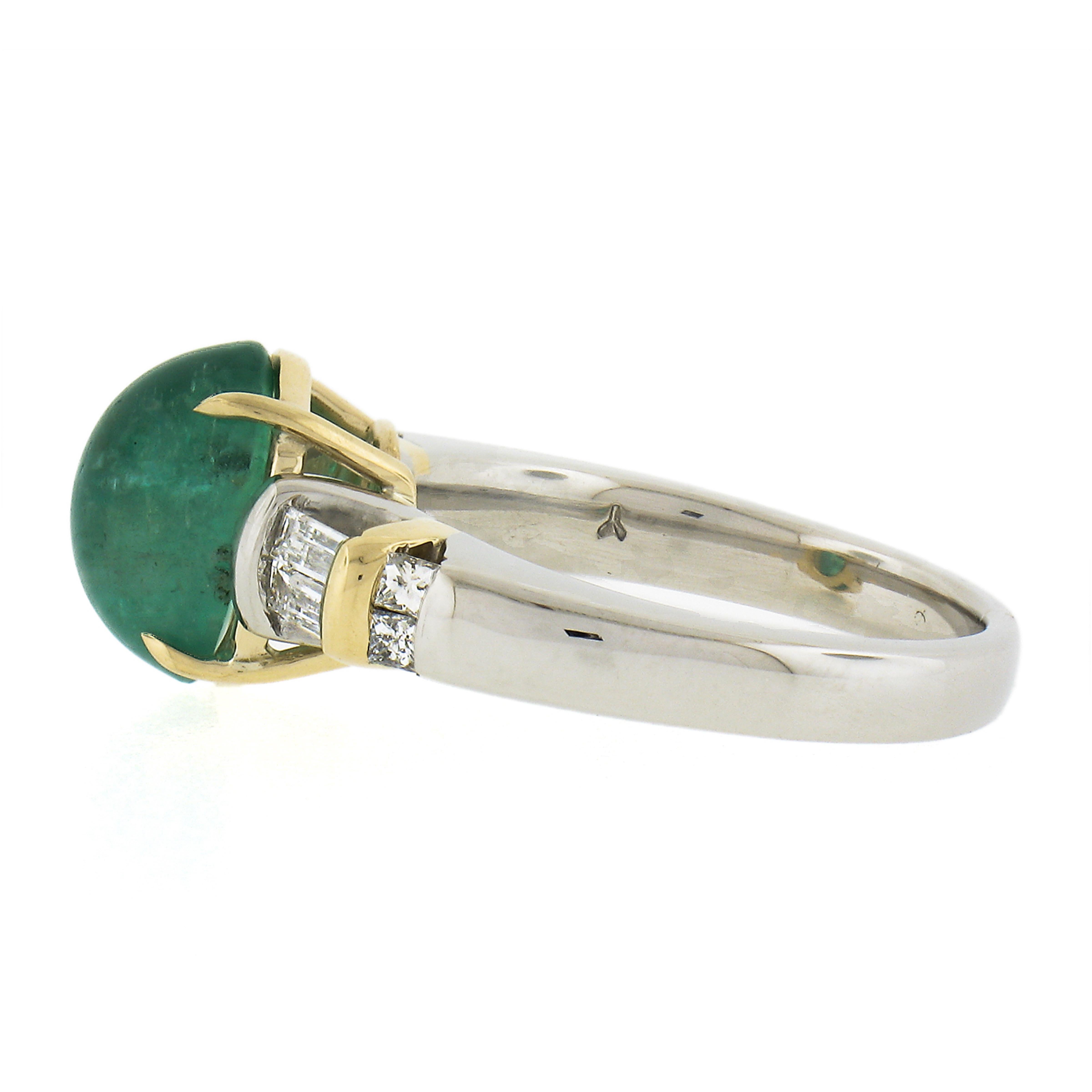 Women's Platinum & Yellow Gold 3.79ct Oval Cabochon Emerald and Channel Set Diamond Ring For Sale
