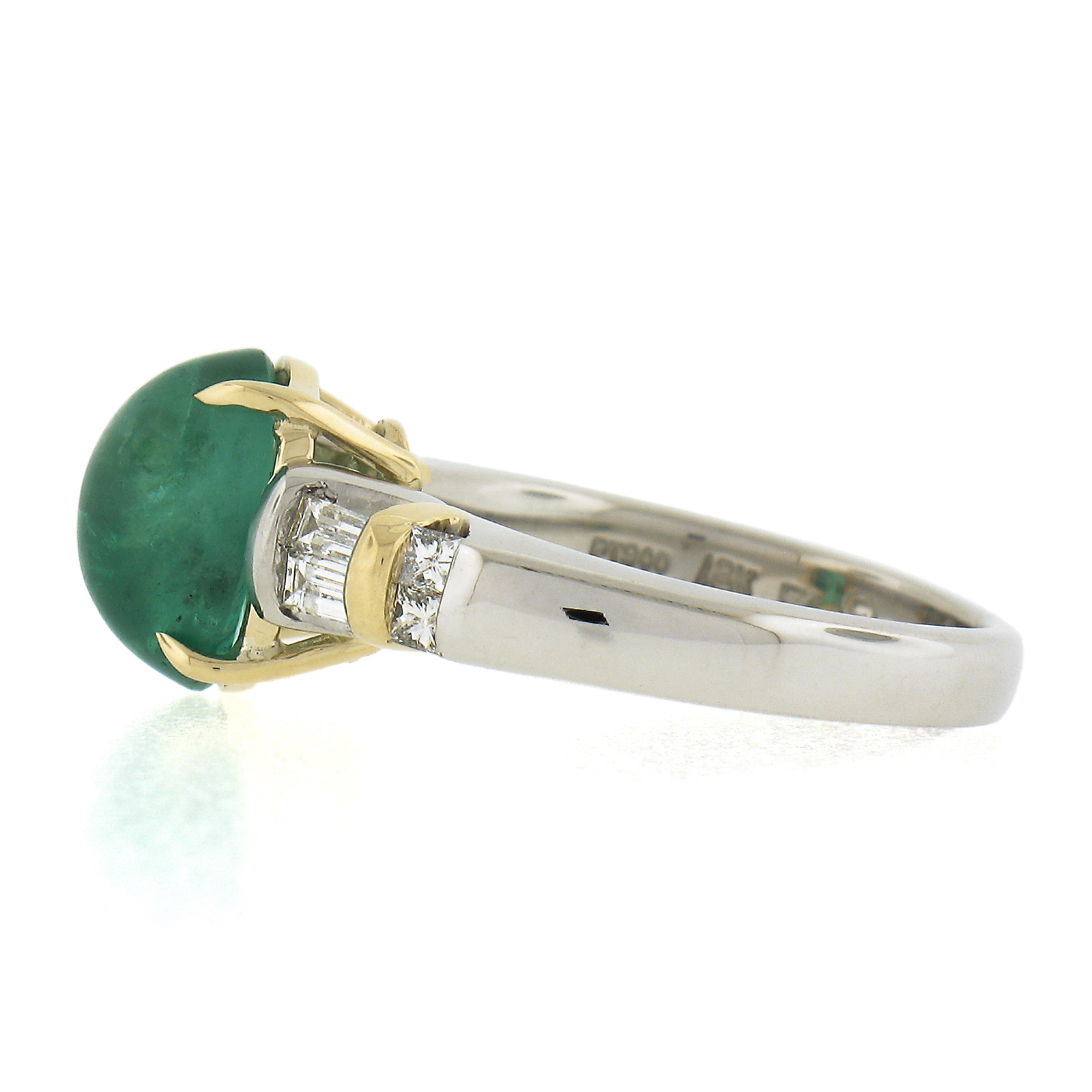 Platinum & Yellow Gold 3.79ct Oval Cabochon Emerald and Channel Set Diamond Ring For Sale 1