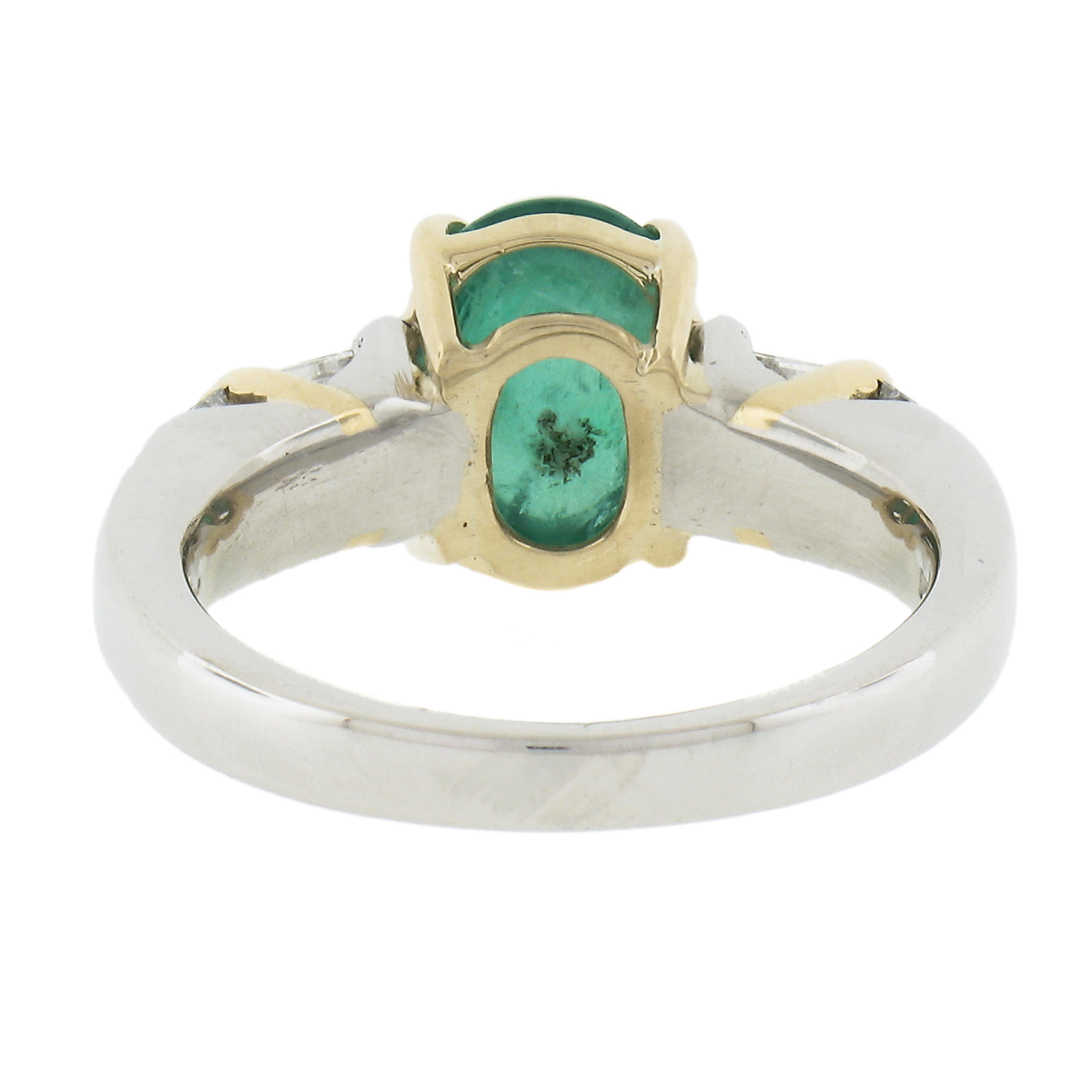 Platinum & Yellow Gold 3.79ct Oval Cabochon Emerald and Channel Set Diamond Ring For Sale 2