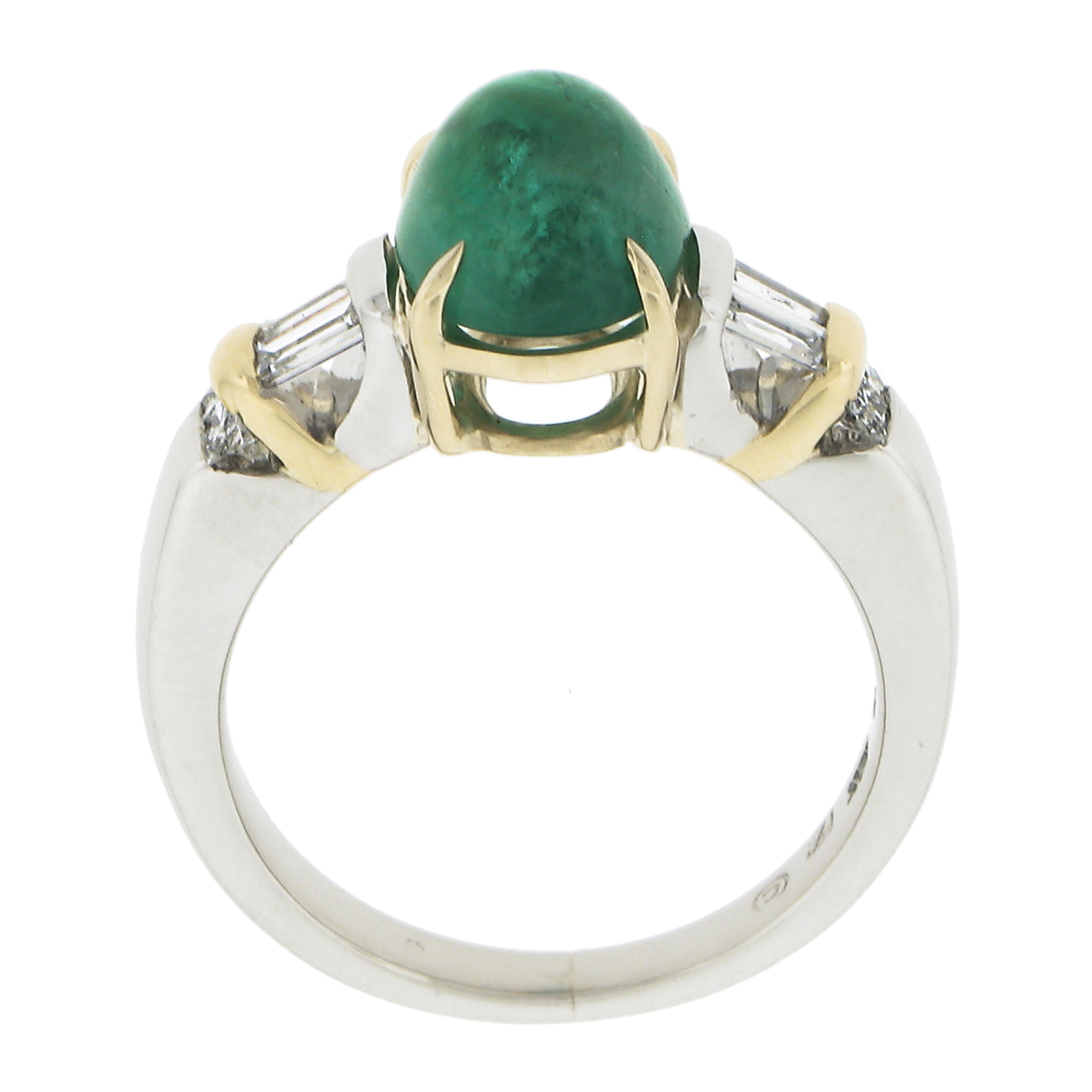 Platinum & Yellow Gold 3.79ct Oval Cabochon Emerald and Channel Set Diamond Ring For Sale 3