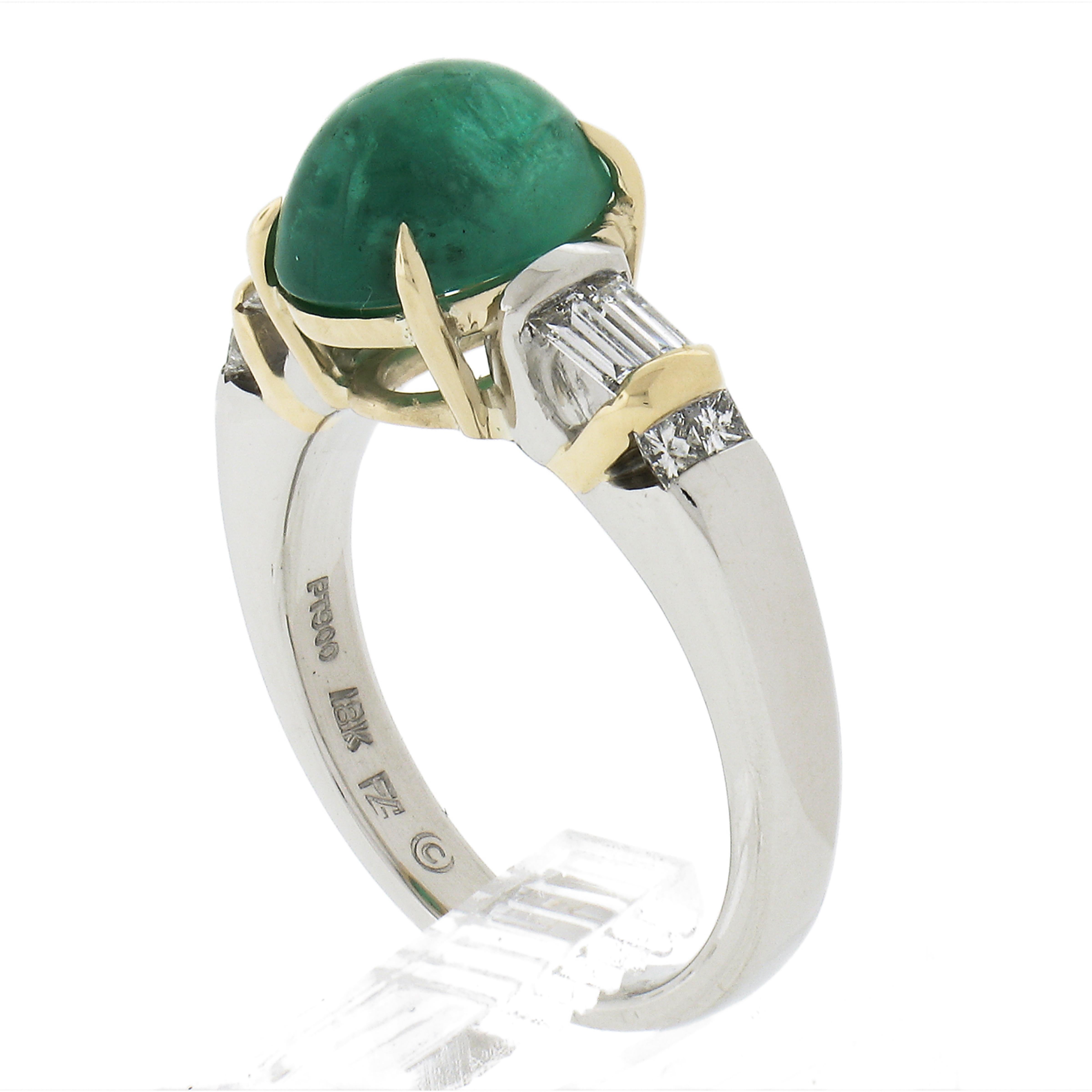 Platinum & Yellow Gold 3.79ct Oval Cabochon Emerald and Channel Set Diamond Ring For Sale 4