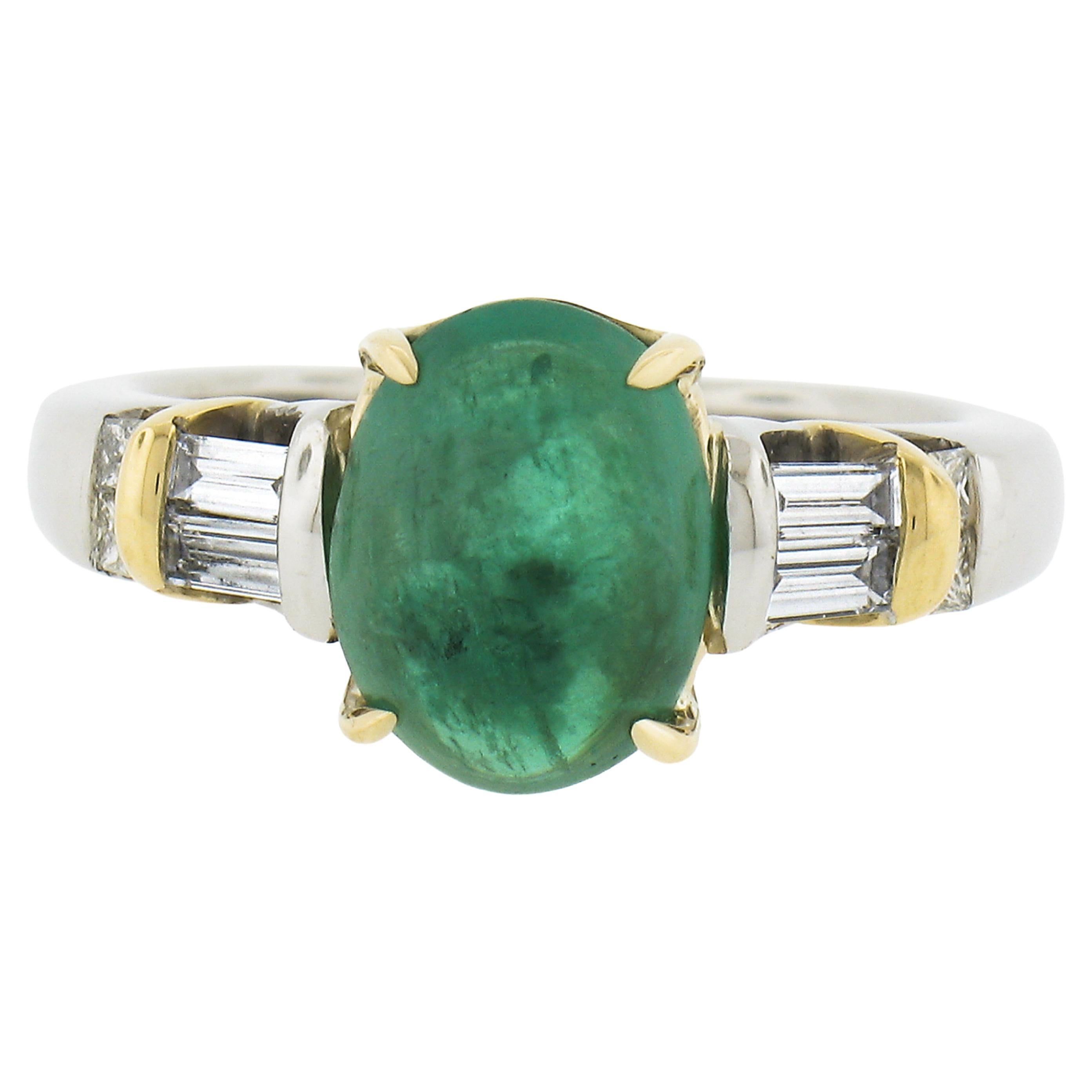 Platinum & Yellow Gold 3.79ct Oval Cabochon Emerald and Channel Set Diamond Ring For Sale