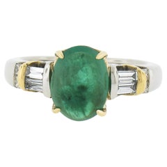 Platinum & Yellow Gold 3.79ct Oval Cabochon Emerald and Channel Set Diamond Ring