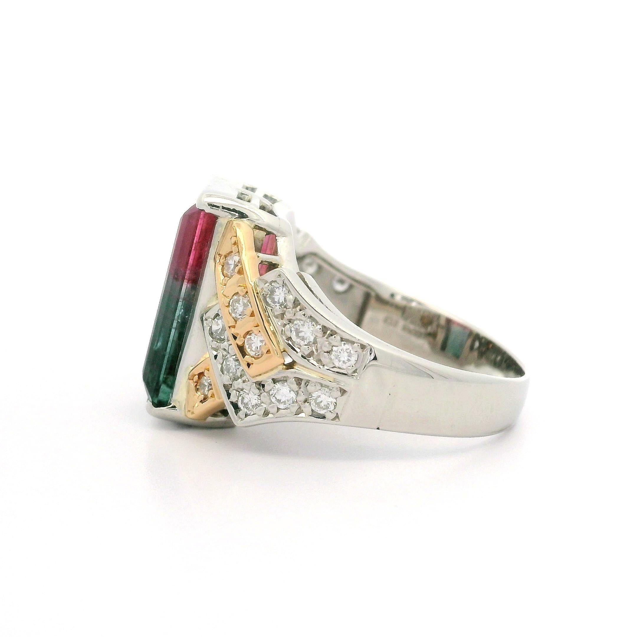 --Pietre: --
(1) Nature tormalina bicolore autentica - taglio rettangolare - incastonatura - colori bicolore blu, verde e rosa - 13,5x8,3 mm - 6,33 carati (esatto)
(24) Diamanti naturali autentici - taglio rotondo brillante - incastonati - colore