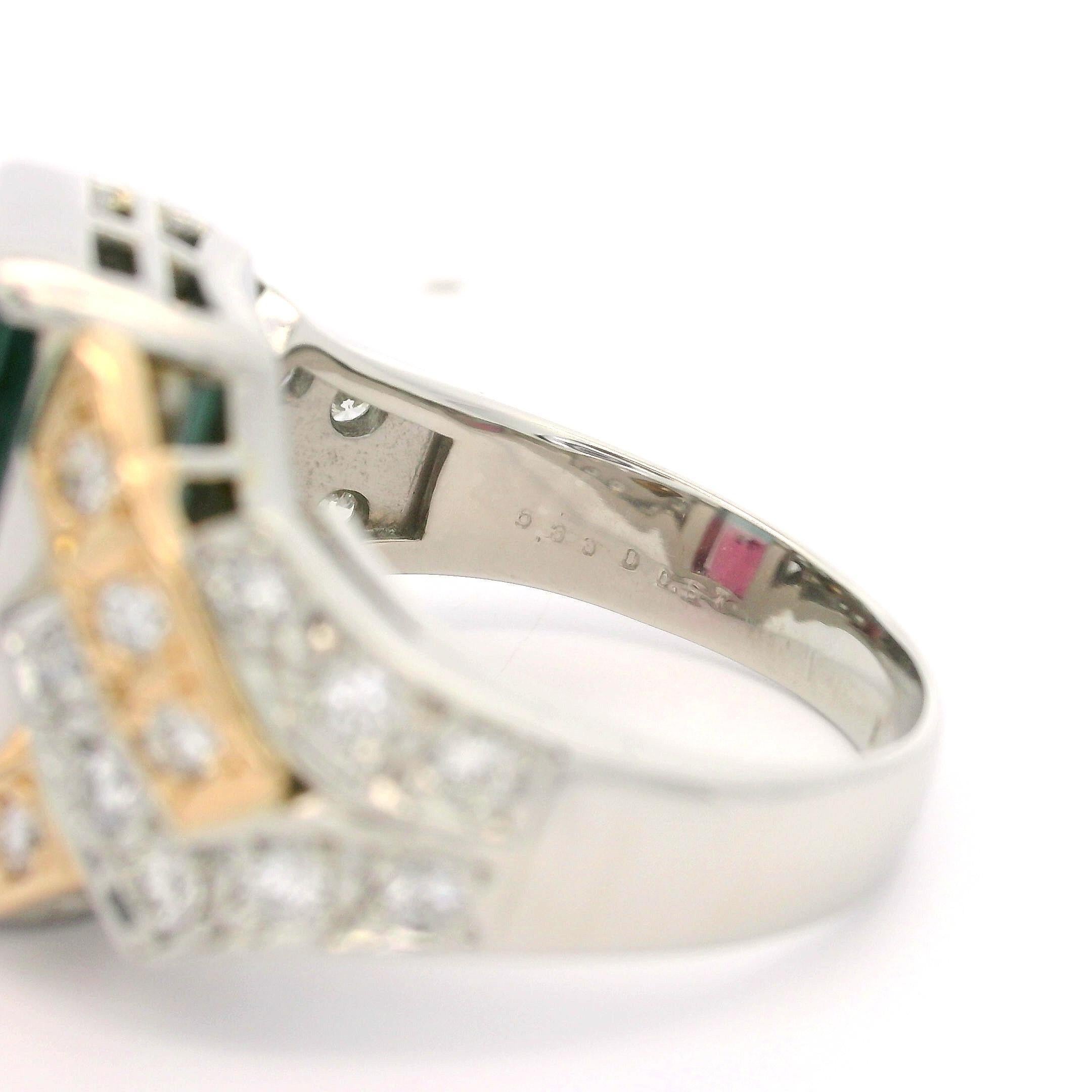 Anello in platino e oro giallo con tormalina bicolore e diamanti da 6,9 carati con design geometrico in vendita 1