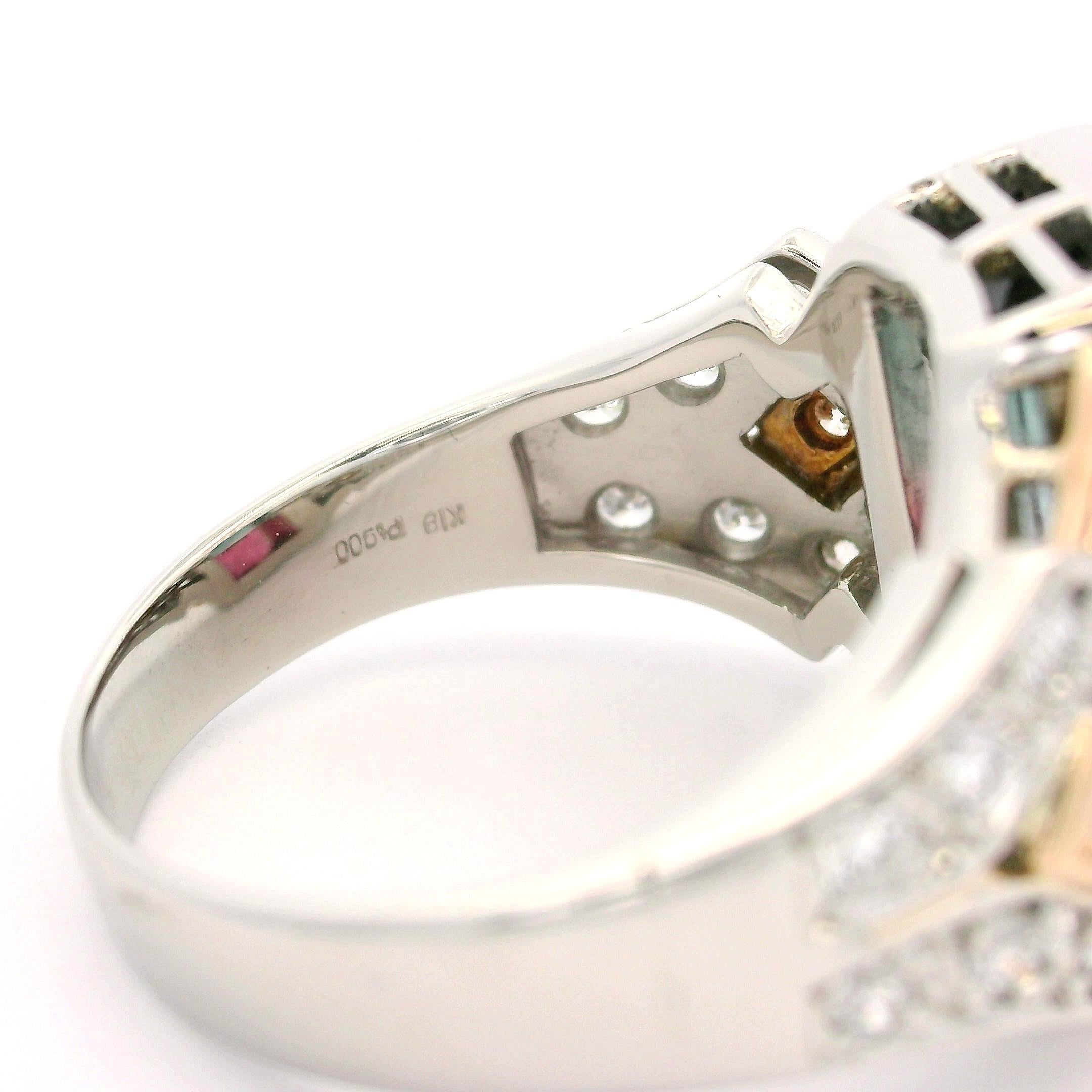 Anello in platino e oro giallo con tormalina bicolore e diamanti da 6,9 carati con design geometrico in vendita 2