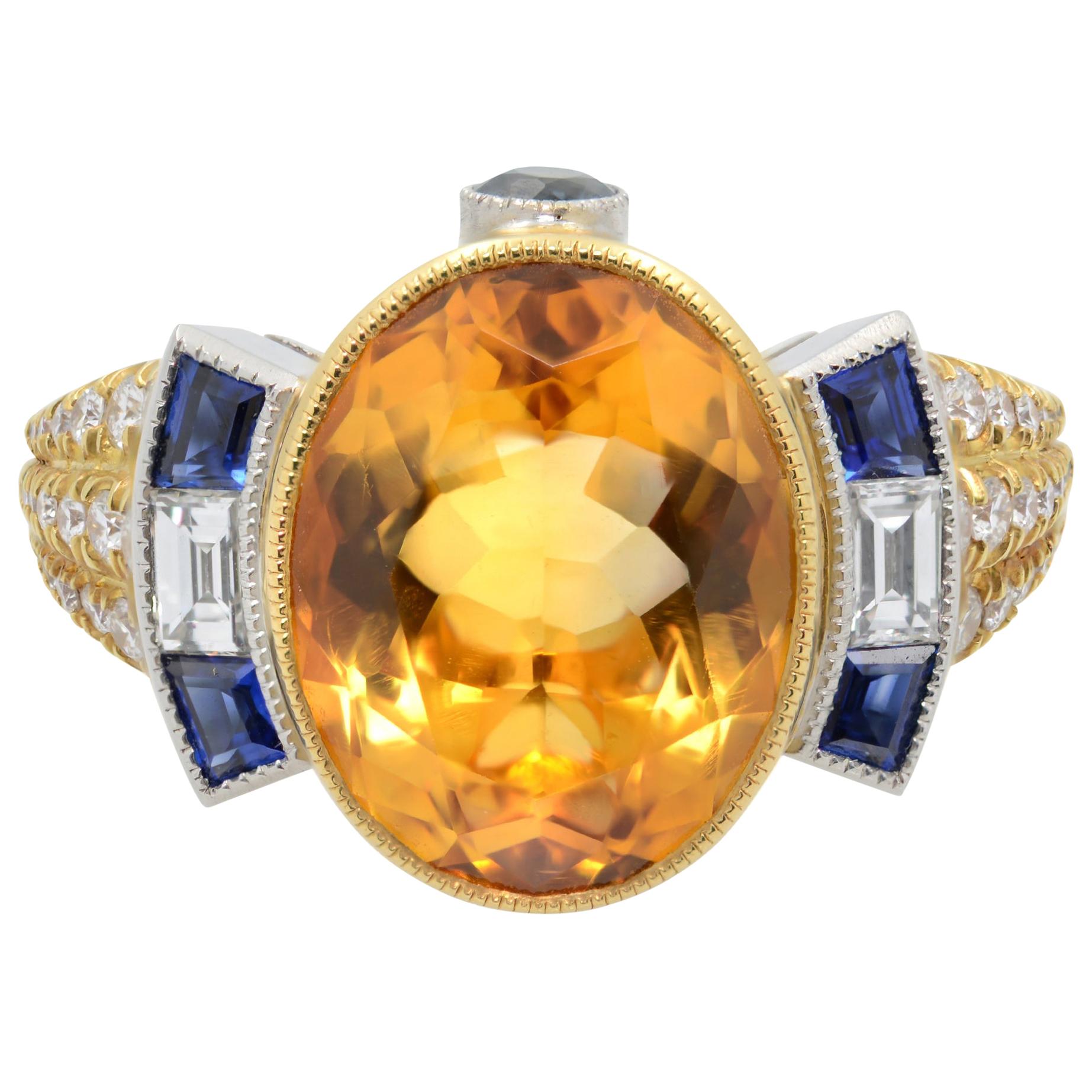 Bague en or jaune et platine de style Art déco avec citrine jaune, saphir bleu et diamants en vente