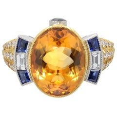 Platin Gelbgold Art Deco Stil Gelber Citrin Blauer Saphir & Diamant Ring