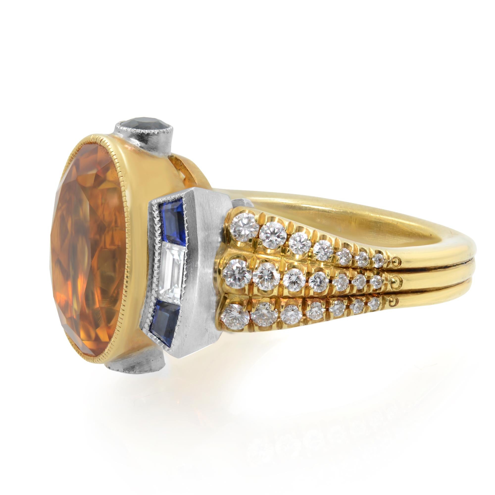 A unique Vintage style, Art Deco Style Yellow 8.02cts citrine engagement ring. Beautiful Yellow Oval Citrine bezel set as a center stone with baguette Blue Sapphires and diamonds on each side, creating a very unique look. More round cut diamonds are