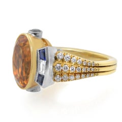 Anillo de Oro Amarillo Platino Estilo Art Decó Zafiro Azul Citrino Amarillo y Diamante