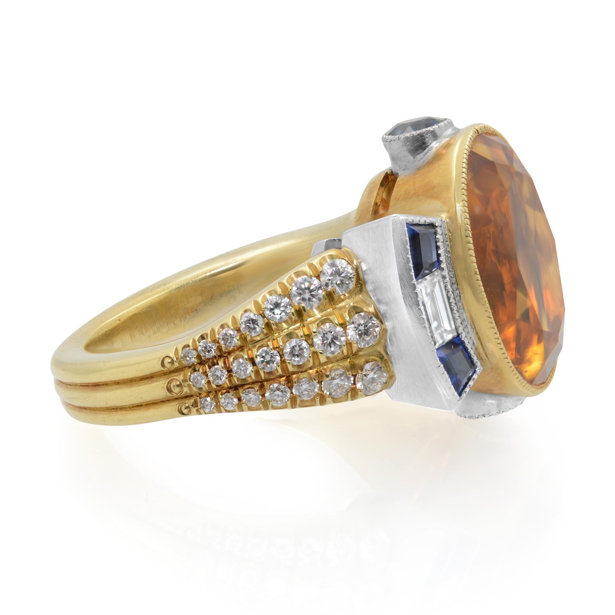 Platin Gelbgold Art Deco Stil Gelber Citrin Blauer Saphir & Diamant Ring (Art déco) im Angebot