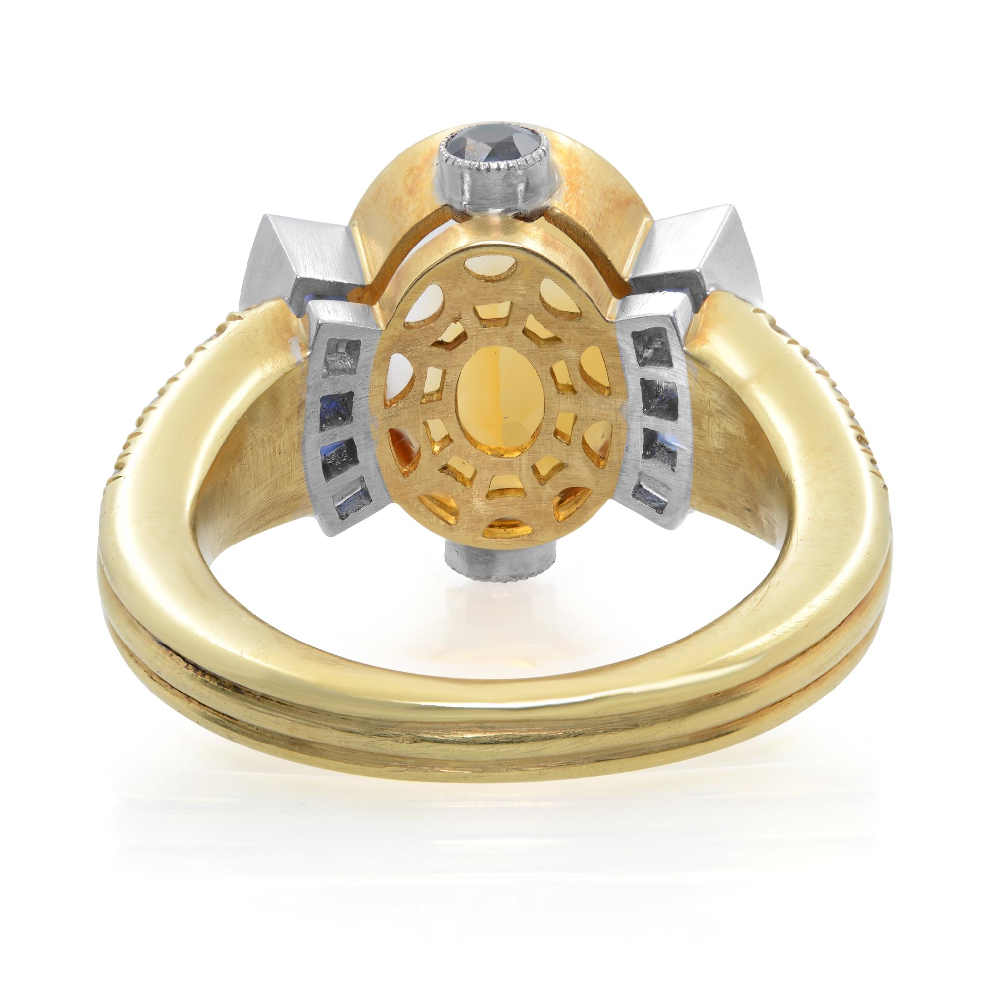 Platin Gelbgold Art Deco Stil Gelber Citrin Blauer Saphir & Diamant Ring (Ovalschliff) im Angebot