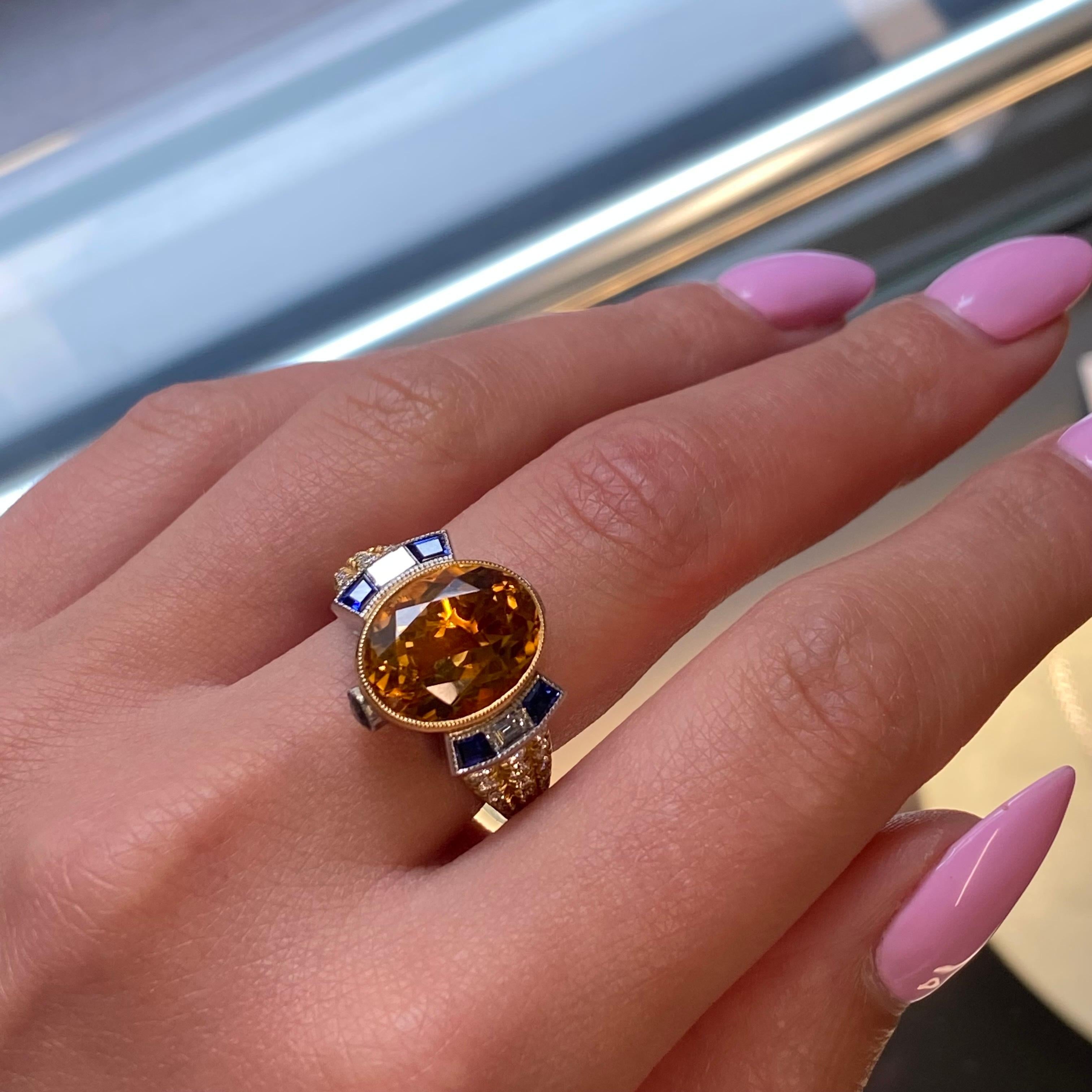 Oval Cut Platinum Yellow Gold Art Deco Style Yellow Citrine Blue Sapphire & Diamond Ring For Sale